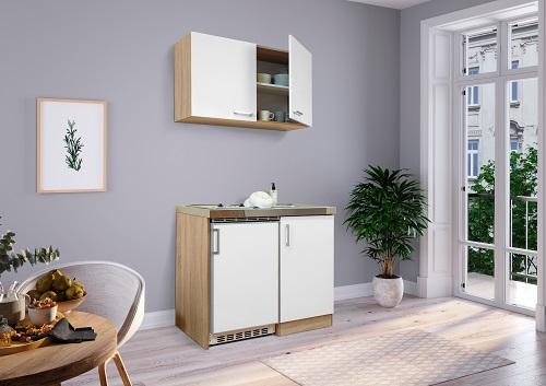 Miniküche Weiss/Eiche Sonoma m. Geräten B: ca. 100 cm - Edelstahlfarben/Weiß, MODERN, Holzwerkstoff/Kunststoff (100cm) - Respekta