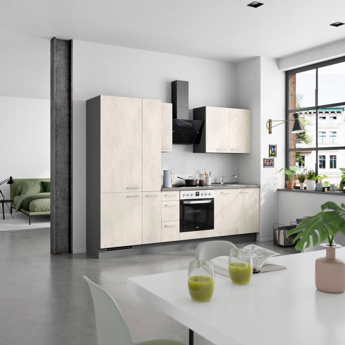 Küchenblock Riva High m. Geräten Weiß - Schieferfarben/Edelstahlfarben, MODERN, Holzwerkstoff/Metall (270cm) - Nobilia