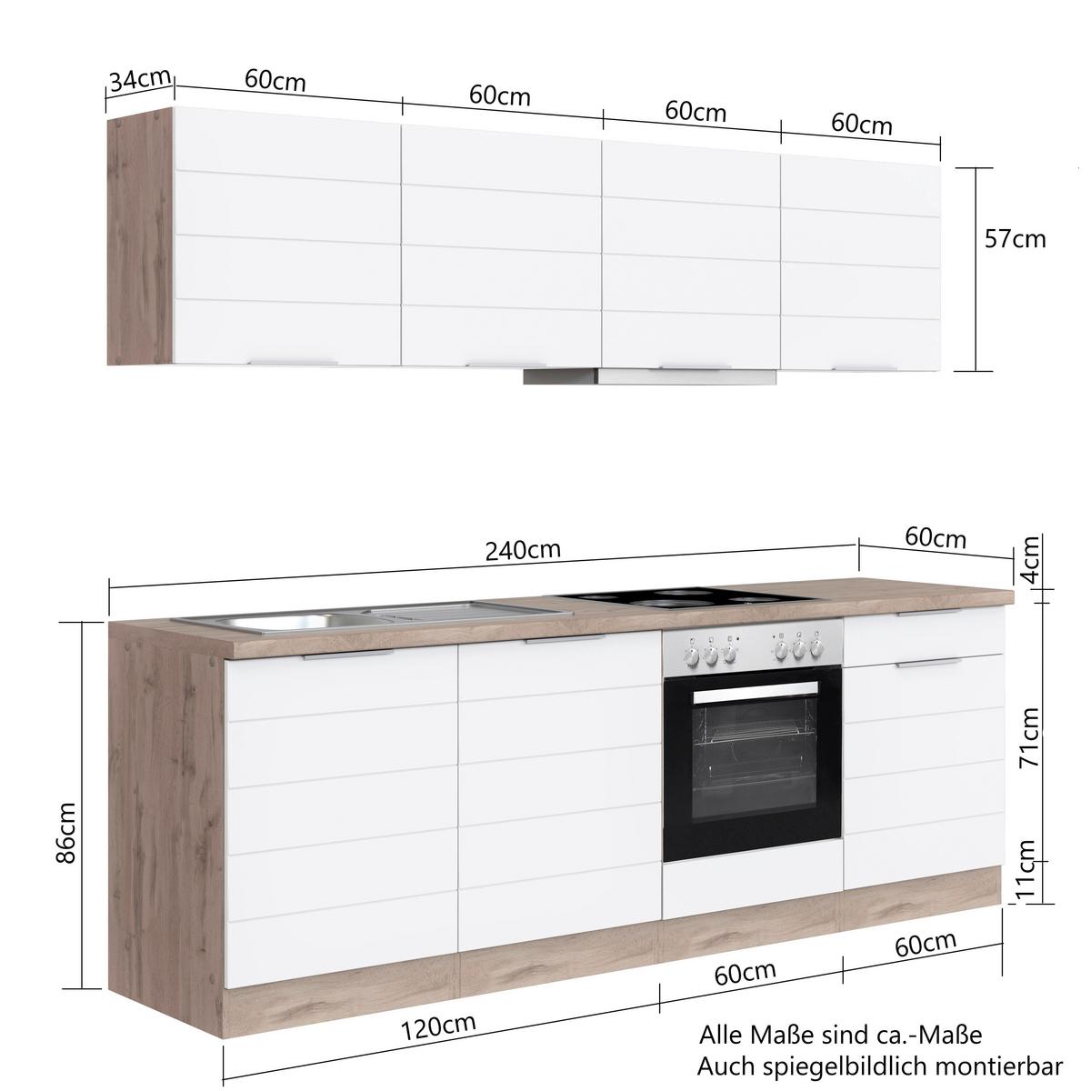 Küchenblock Florenz mit Geräten ca. 240 cm Weiß/Eiche - Eiche Wotan/Weiß, Design, Holzwerkstoff/Metall (240cm) - Held