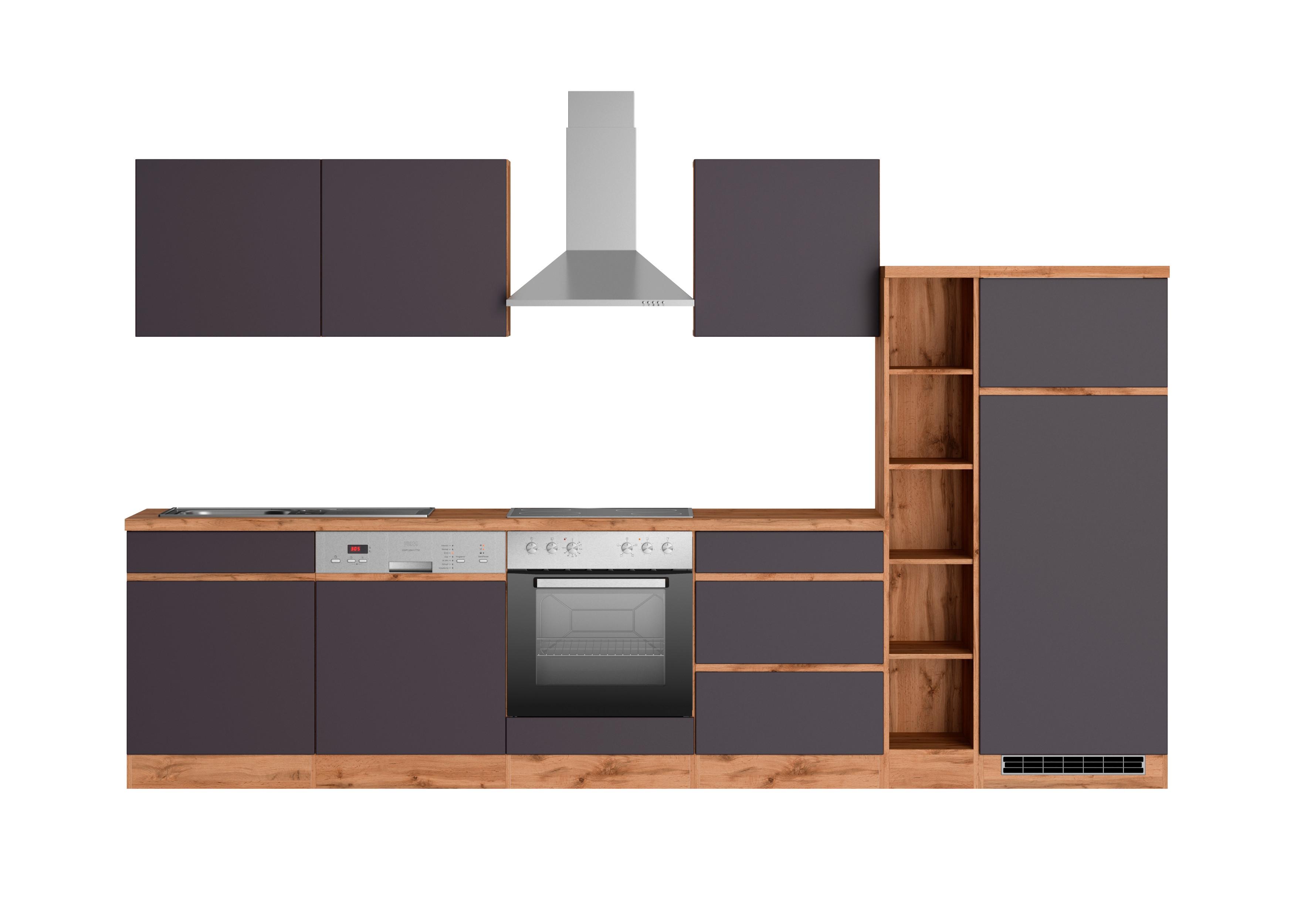 Küchenzeile Turin mit Geräten ca. 330 cm Grau/Wotaneiche - Eiche Wotan/Grau, Design, Holzwerkstoff (330cm) - Held