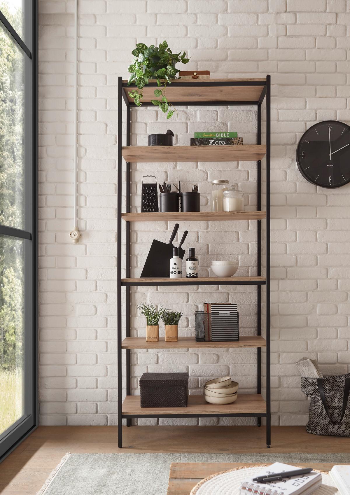 REGAŁ RACK STANDREGAL - kolor dębowy/czarny, Basics, materiał drewnopochodny/metal (80/195/40cm) - P & B