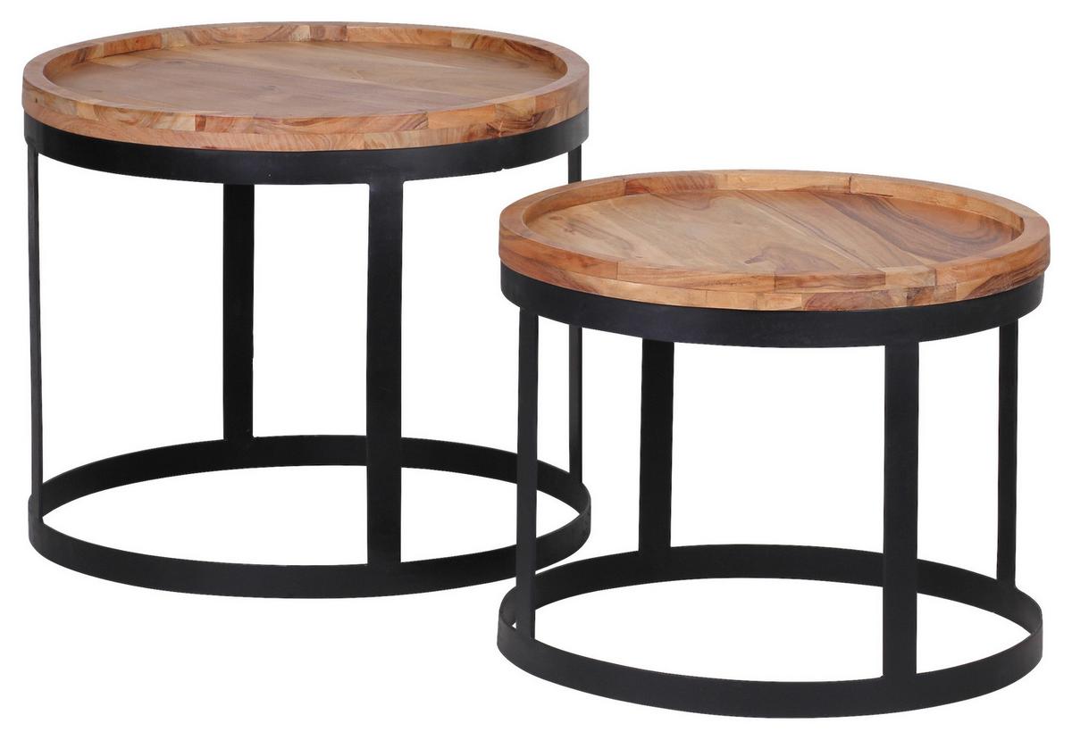 Beistelltischset "Akola", 2-er Set, aus Akazie - Schwarz/Akaziefarben, Design, Holz/Metall (53/48/53/48/45/40cm) - MID.YOU