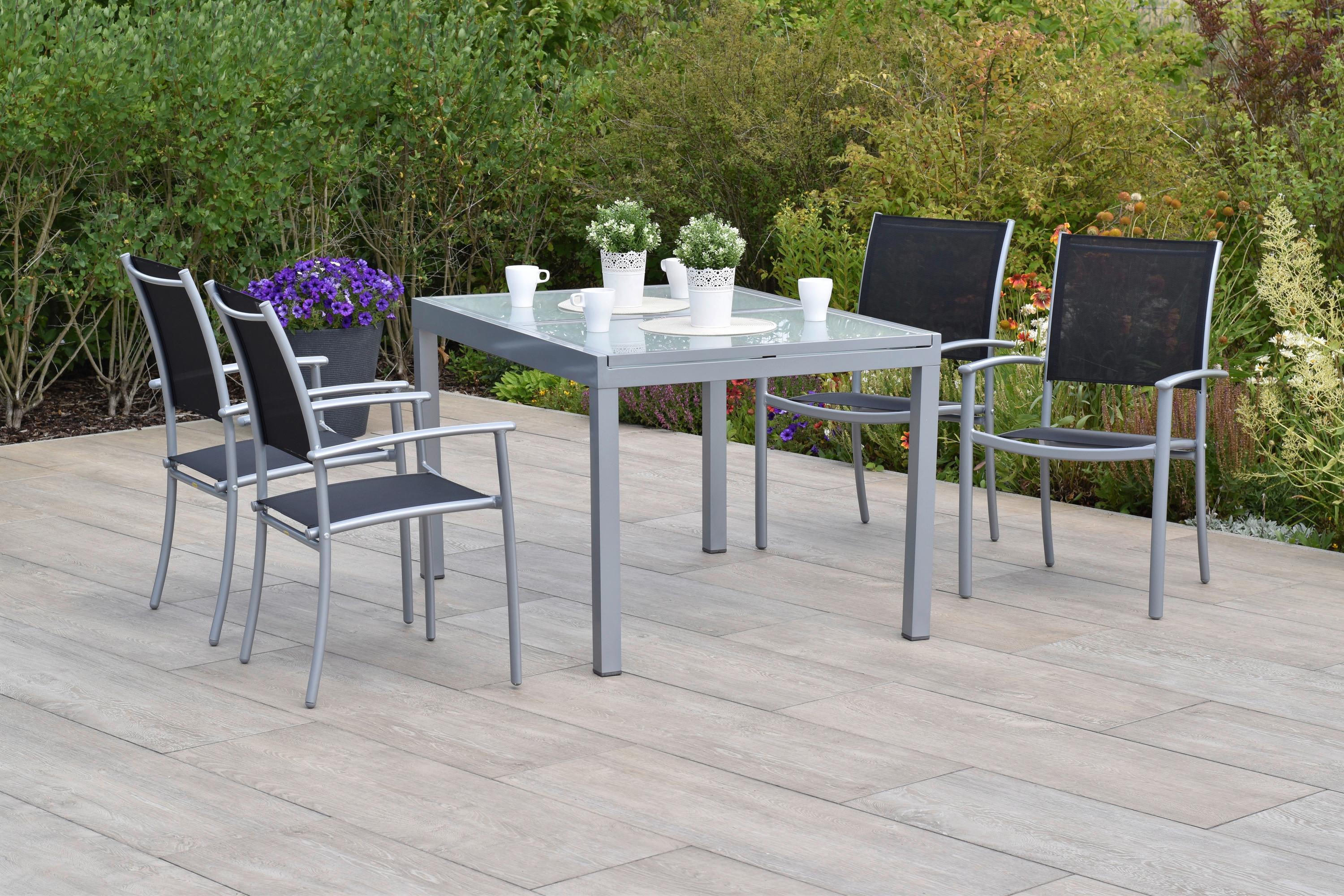 Vrtni Set Milano, 5-delni, Raztegljiva Miza - srebrne barve/črna, Moderno, kovina/tekstil - Gardenson