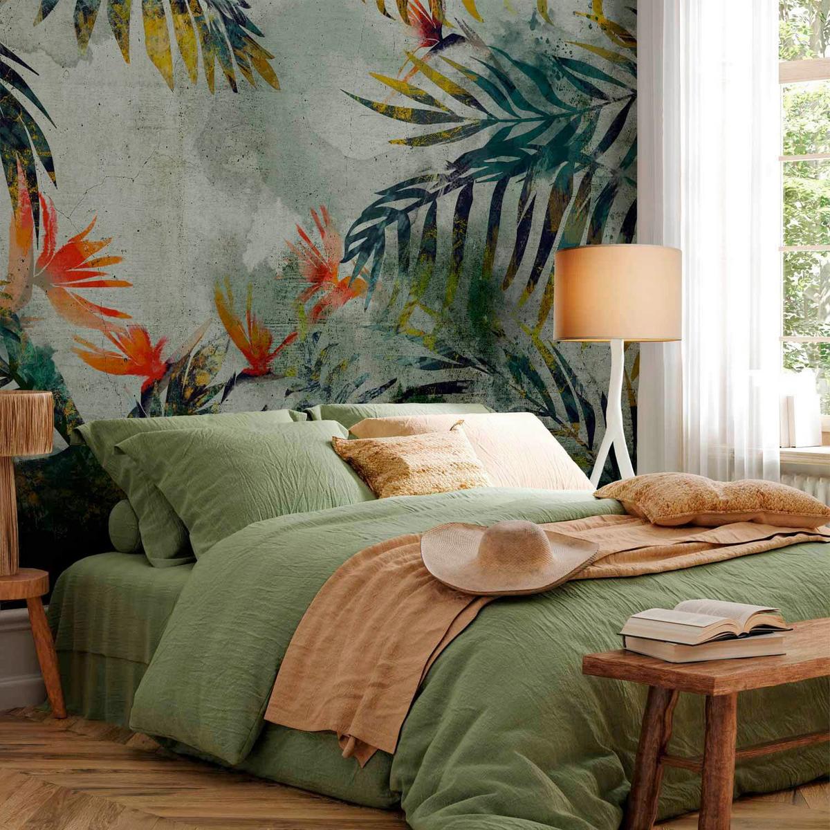 Fototapeta Jungle Flowers, 100x70cm - gozdno zelena/oranžna, Trendi, tekstil (100/70cm) - artgeist