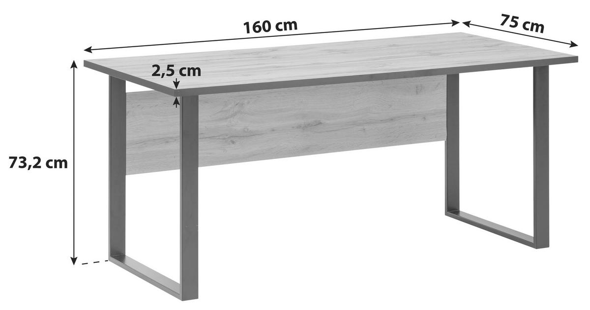Schreibtisch Serie 2000 ca. 160x75 cm Eiche - Eichefarben/Schwarz, KONVENTIONELL, Holzwerkstoff/Metall (160/75/73,2cm) - MID.YOU