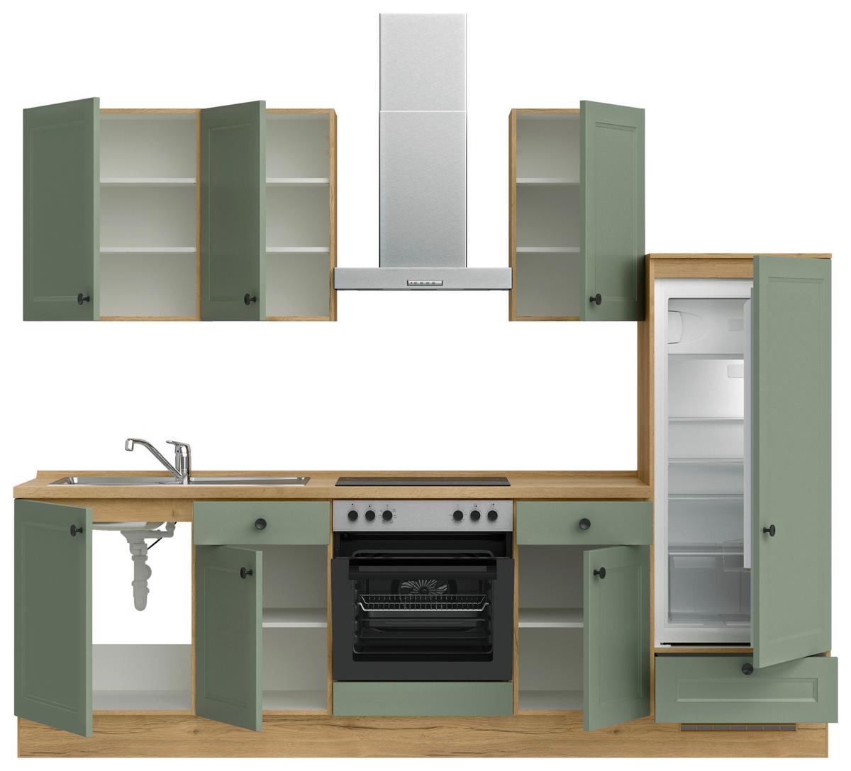 Küchenblock Cascada Low m. Geräten Schilfgrün - Schilfgrün/Eichefarben, MODERN, Holzwerkstoff/Metall (270cm) - Nobilia