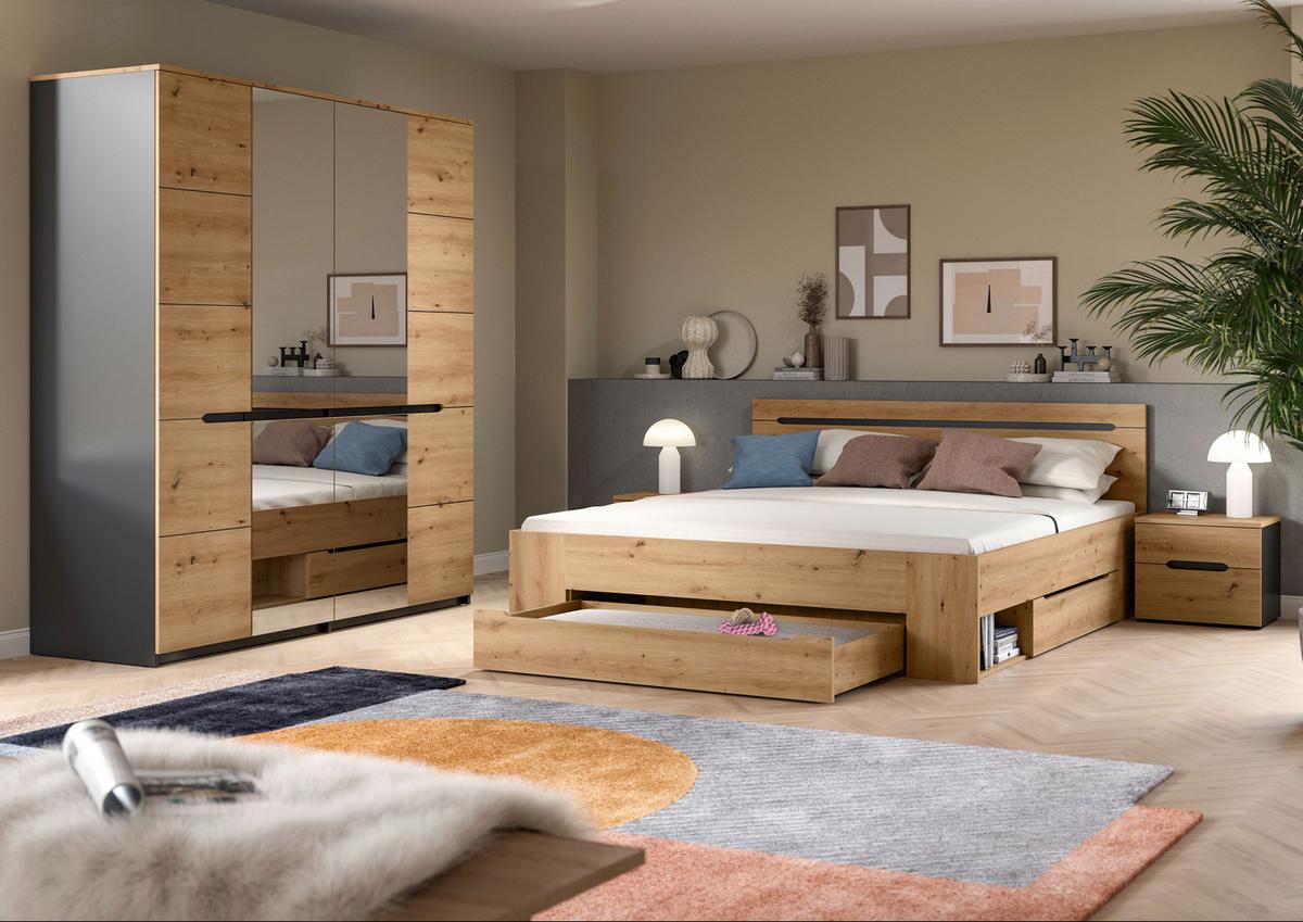 Schlafzimmer CANU 4-teilig Grau, Eiche Artisan - Eiche Artisan/Grau, MODERN, Holzwerkstoff - MID.YOU