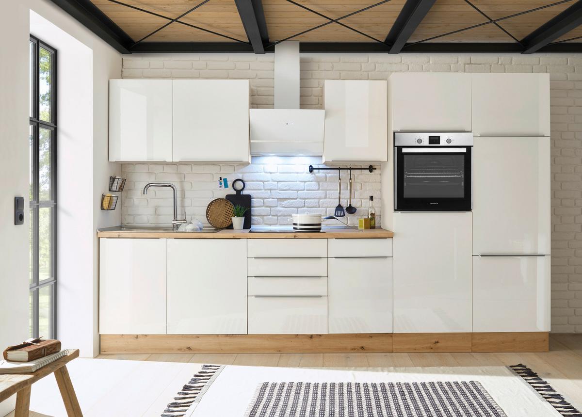 Küchenblock Marleen m. Geräten Weiß B: ca. 340 cm - Weiß Hochglanz/Alufarben, LIFESTYLE, Holzwerkstoff/Kunststoff (340cm) - Respekta
