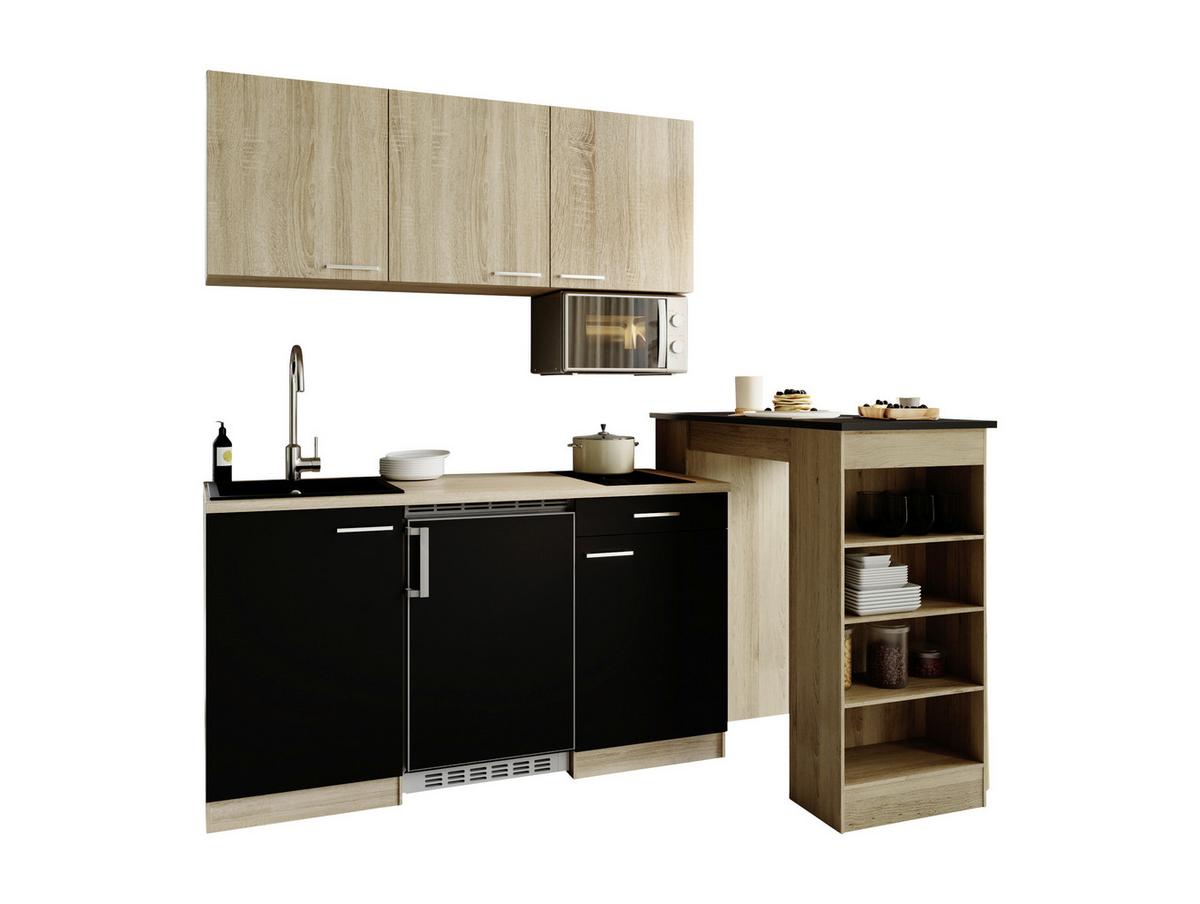 Miniküche Ingrid m. Geräten ca. 150cm Schwarz - Eichefarben/Schwarz, Design, Holzwerkstoff/Kunststoff (150cm) - Respekta