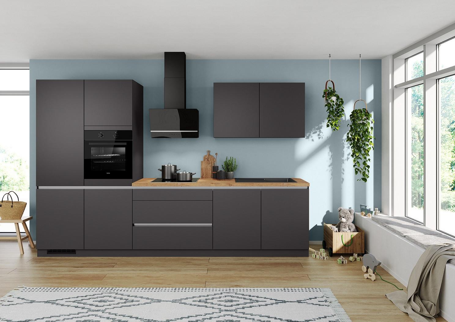 Küchenblock mit Geräten ca. 340 cm Graphitfarben - Eichefarben/Graphitfarben, Trend, Holzwerkstoff/Metall (340cm) - Impuls