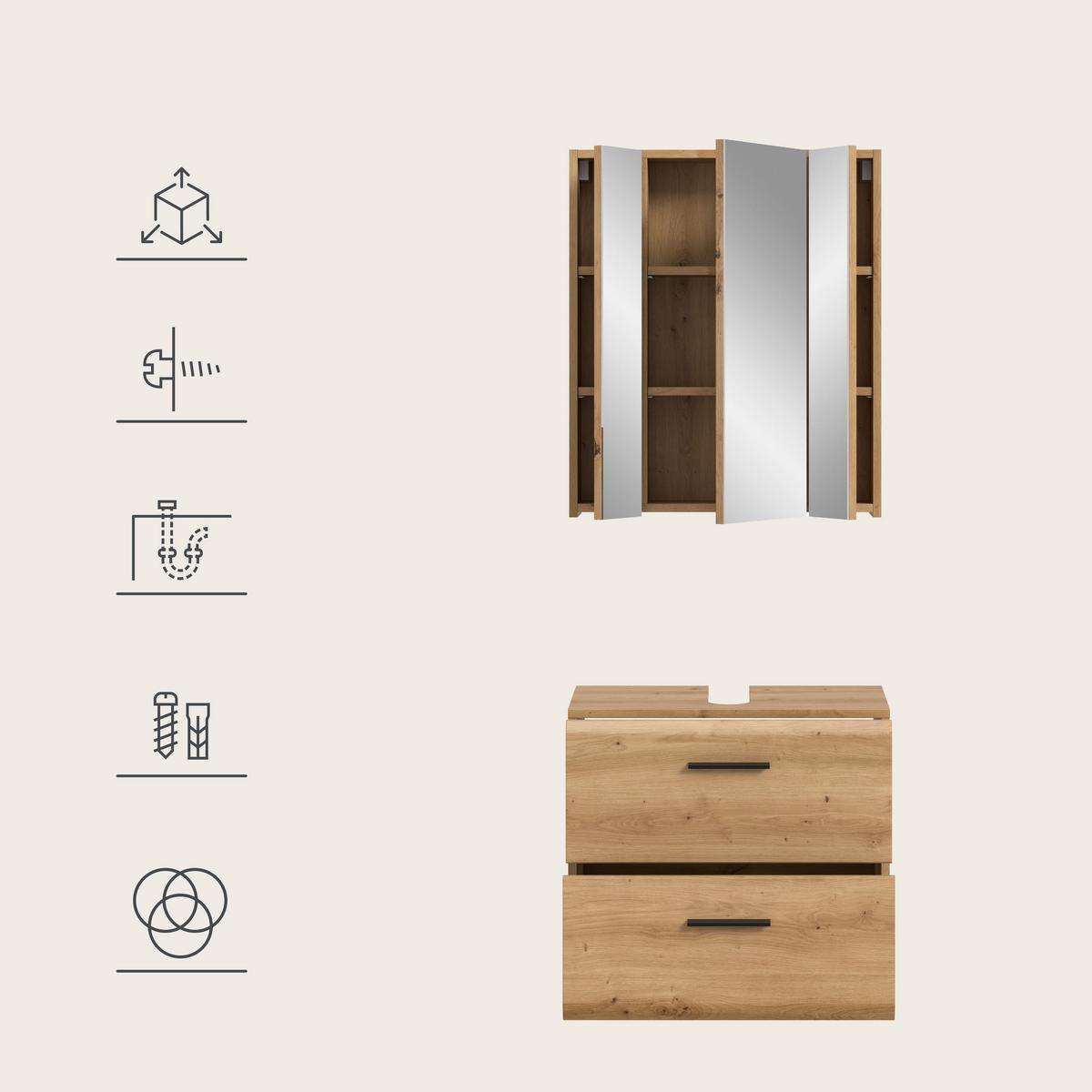 Badezimmer Ice Eiche Artisan 2-teilig - Schwarz/Eiche Artisan, Trend, Glas/Holzwerkstoff (60cm) - MID.YOU