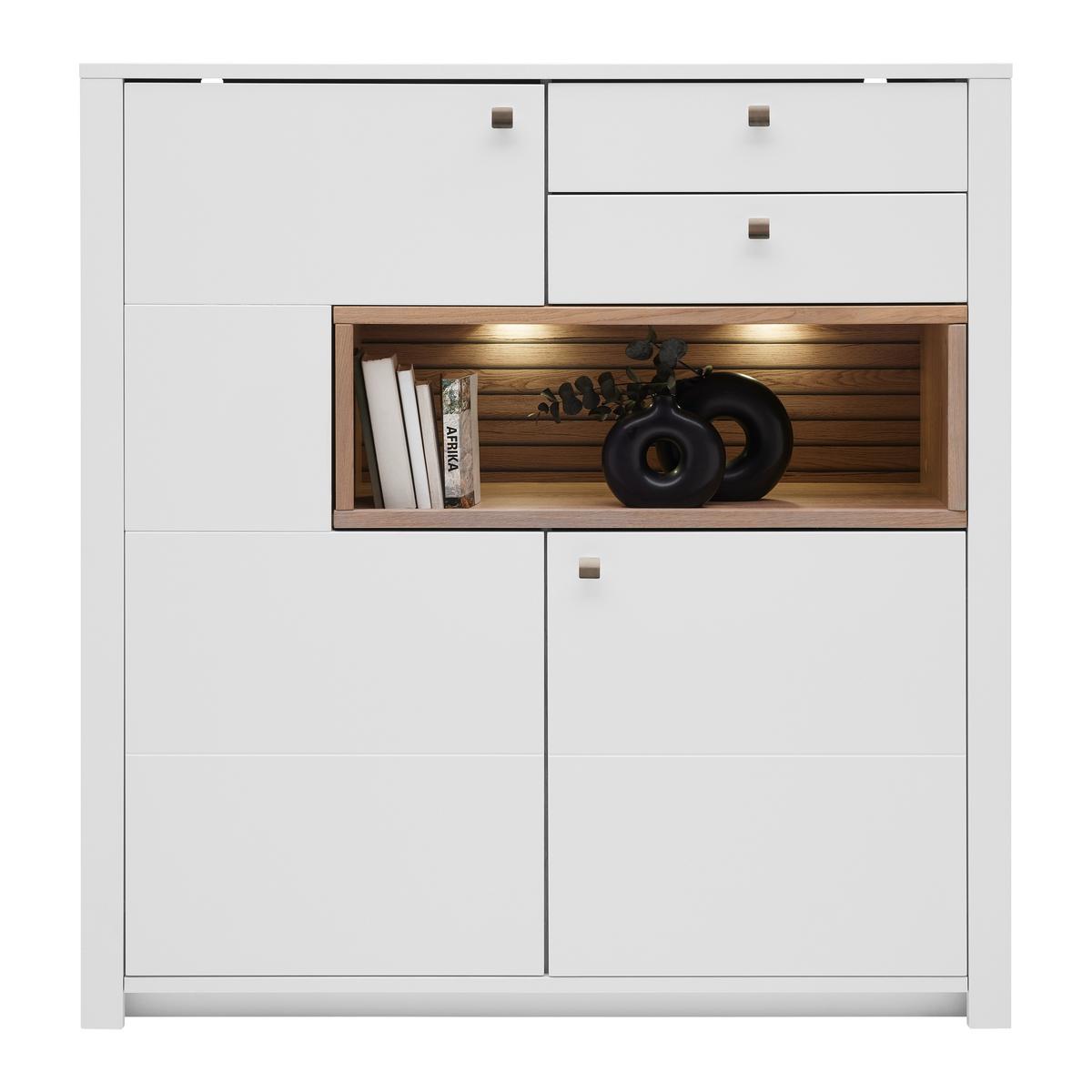 Highboard Whitehouse 10Q8WR22 Weiss/Eichefarben - Weiss/Edelstahlfarben, Modern, Holz/Holzwerkstoff (132/138/41cm) - Premium Living