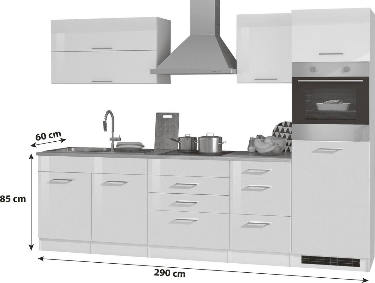 Küchenblock in Weiss inkl. E-Geräte 'Mailand' - Chromfarben/Weiß Hochglanz, MODERN, Holzwerkstoff/Metall (290cm) - Held
