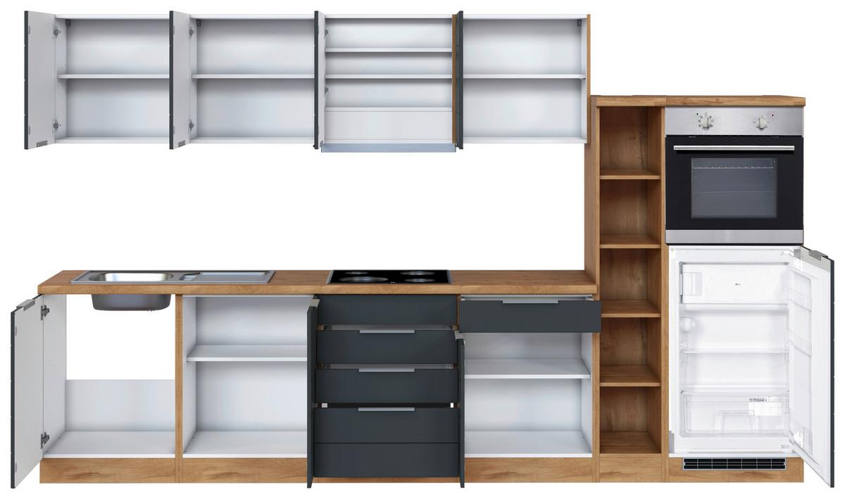 Küchenblock Florenz mit Geräten ca. 330 cm Grau/Eiche - Eiche Wotan/Grau, Design, Holzwerkstoff/Metall (330cm) - Held