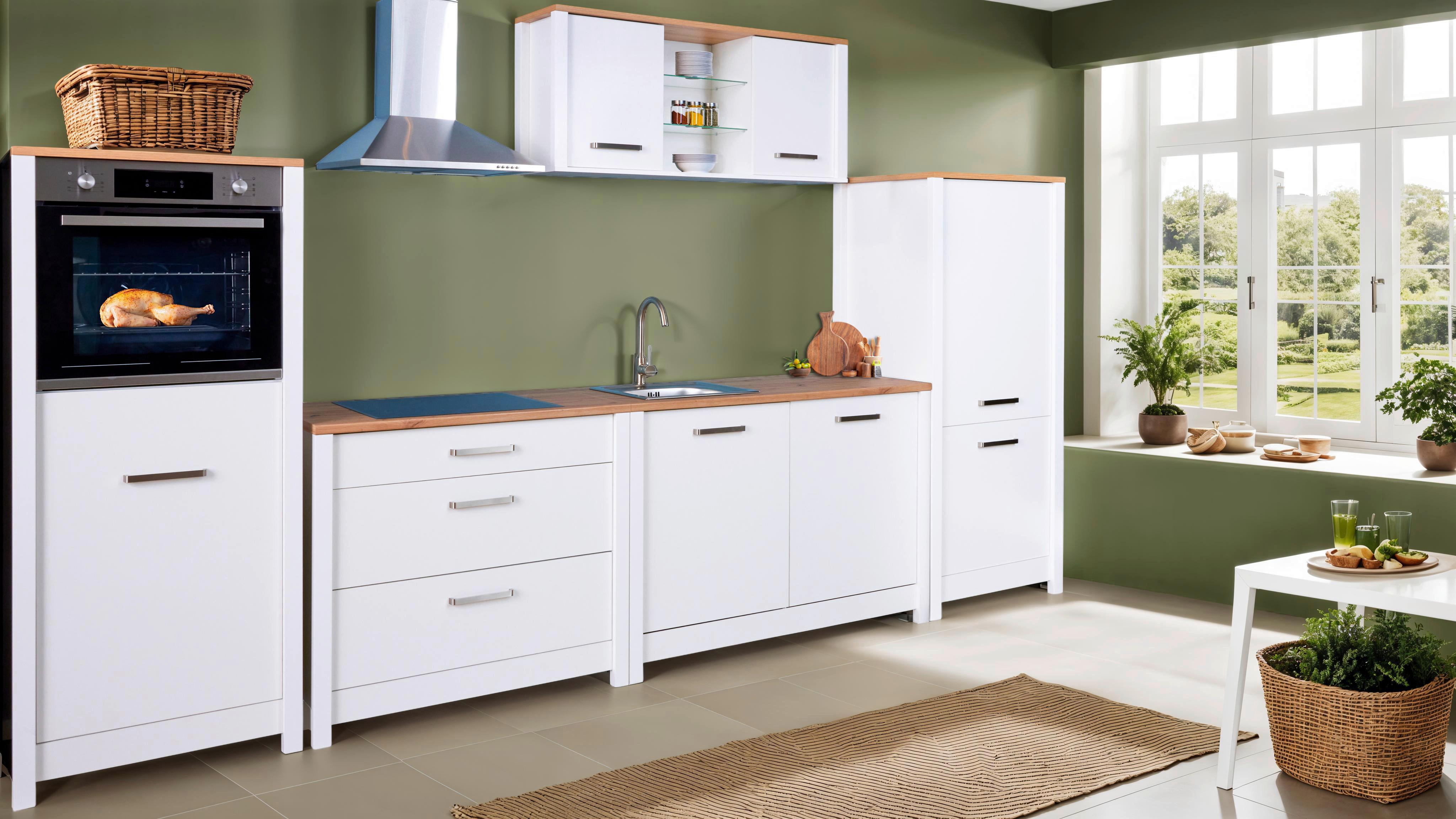 Küchenleerblock Bundle 6-Sorba o. Geräte Weiß - Silberfarben/Eiche Artisan, MODERN, Glas/Holzwerkstoff (370cm) - home24