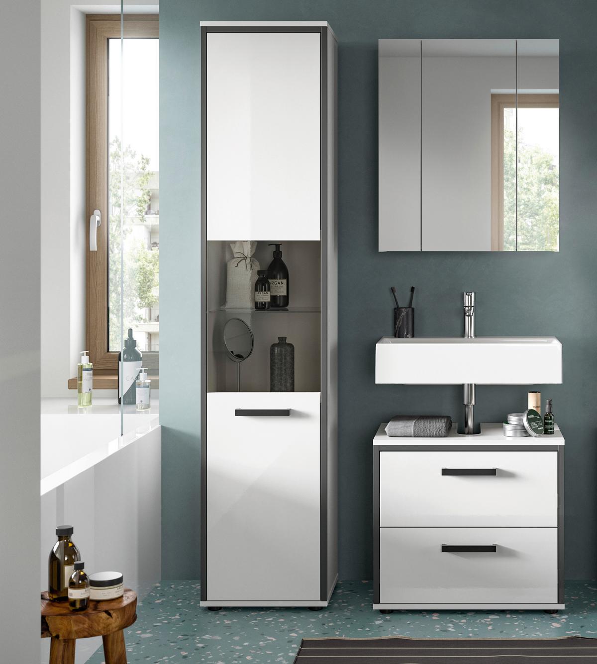 Badezimmer Kojak 3-tlg. Weiß/Anthrazit - Weiß Hochglanz/Schwarz, MODERN, Holzwerkstoff/Kunststoff (100cm) - MID.YOU