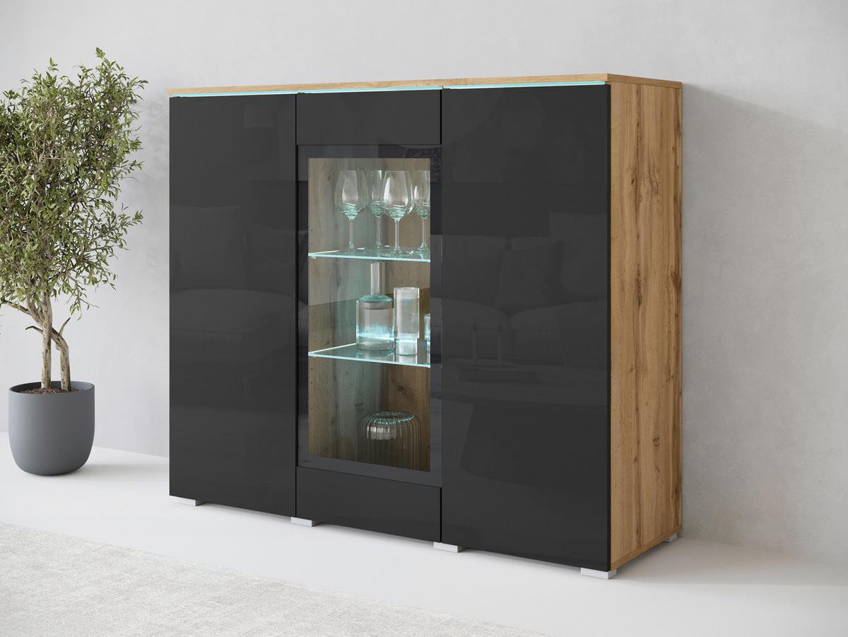 Visoka Komoda Vera 120, Črna, Barva Hrasta - hrast wotan/črna, Trend, umetna masa/steklo (120/103,3/39,5cm) - P & B