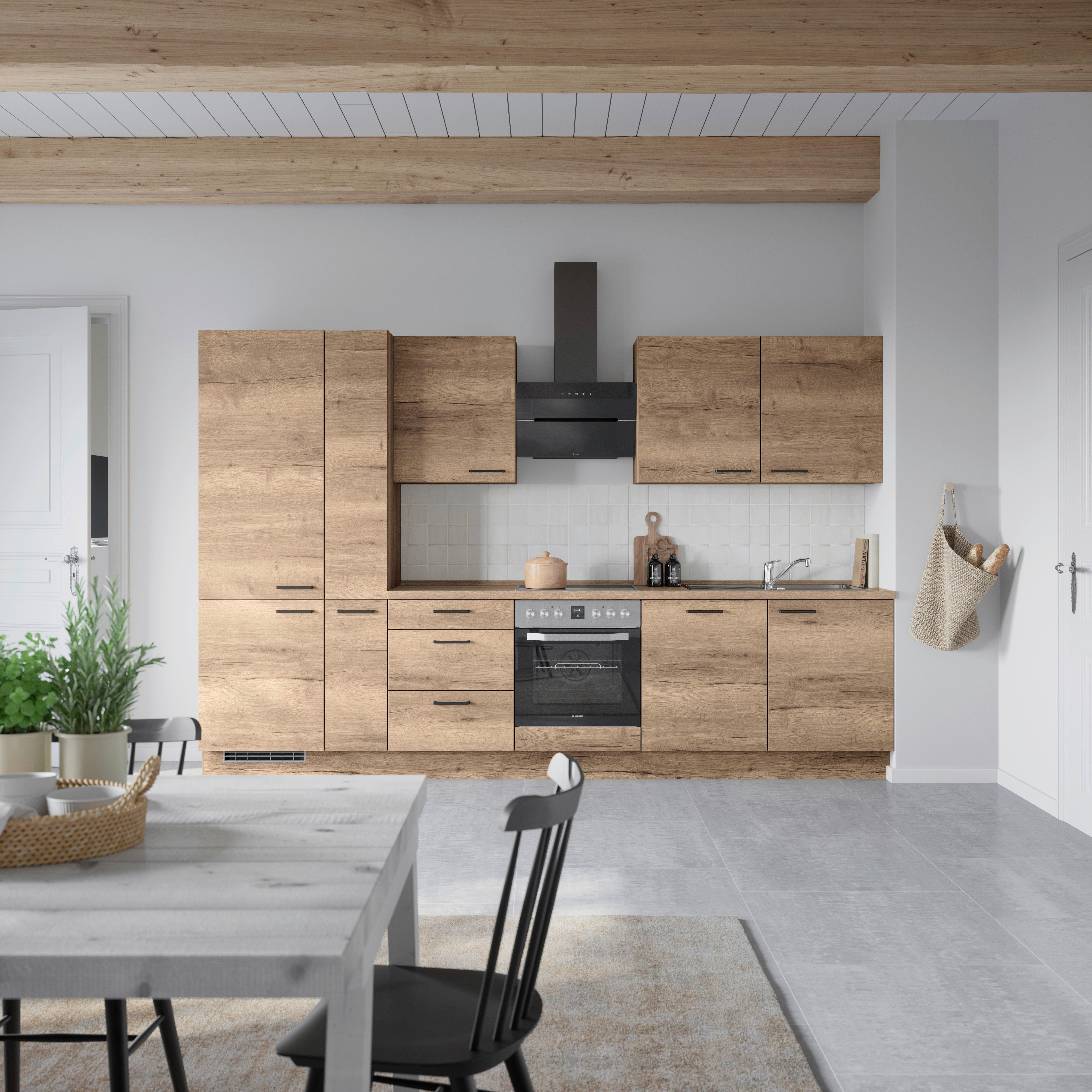 Küchenblock Structura High m. Geräten Eiche dunkel - Eiche dunkel/Schwarz, MODERN, Holzwerkstoff/Metall (330cm) - Nobilia