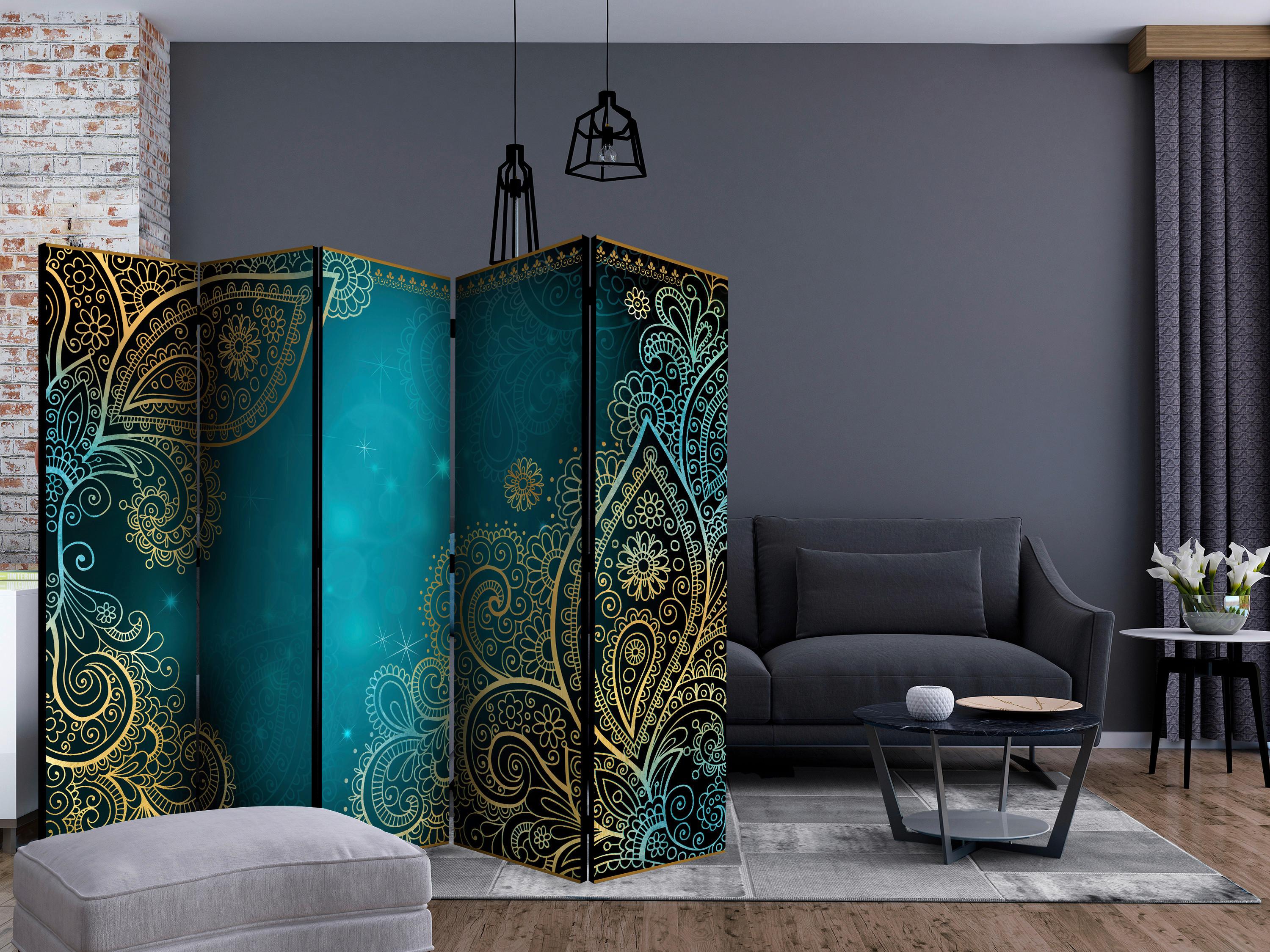 Paravan Oriental Wings I, 5-Delni, Enostranski - zlate barve/modra, Basics, tekstil/les (225/172/3cm) - artgeist