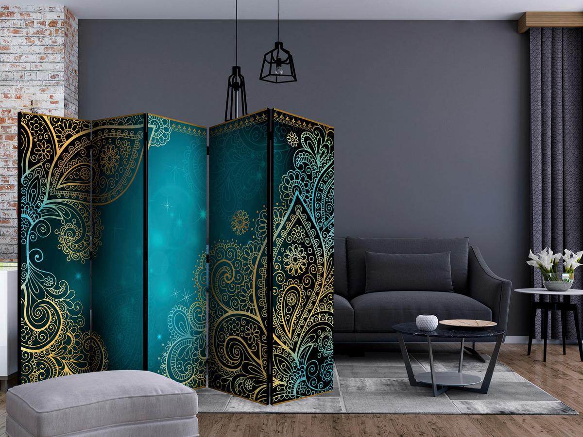 Paravan Oriental Wings I, 5-Delni, Enostranski - zlate barve/modra, Basics, tekstil/les (225/172/3cm) - artgeist