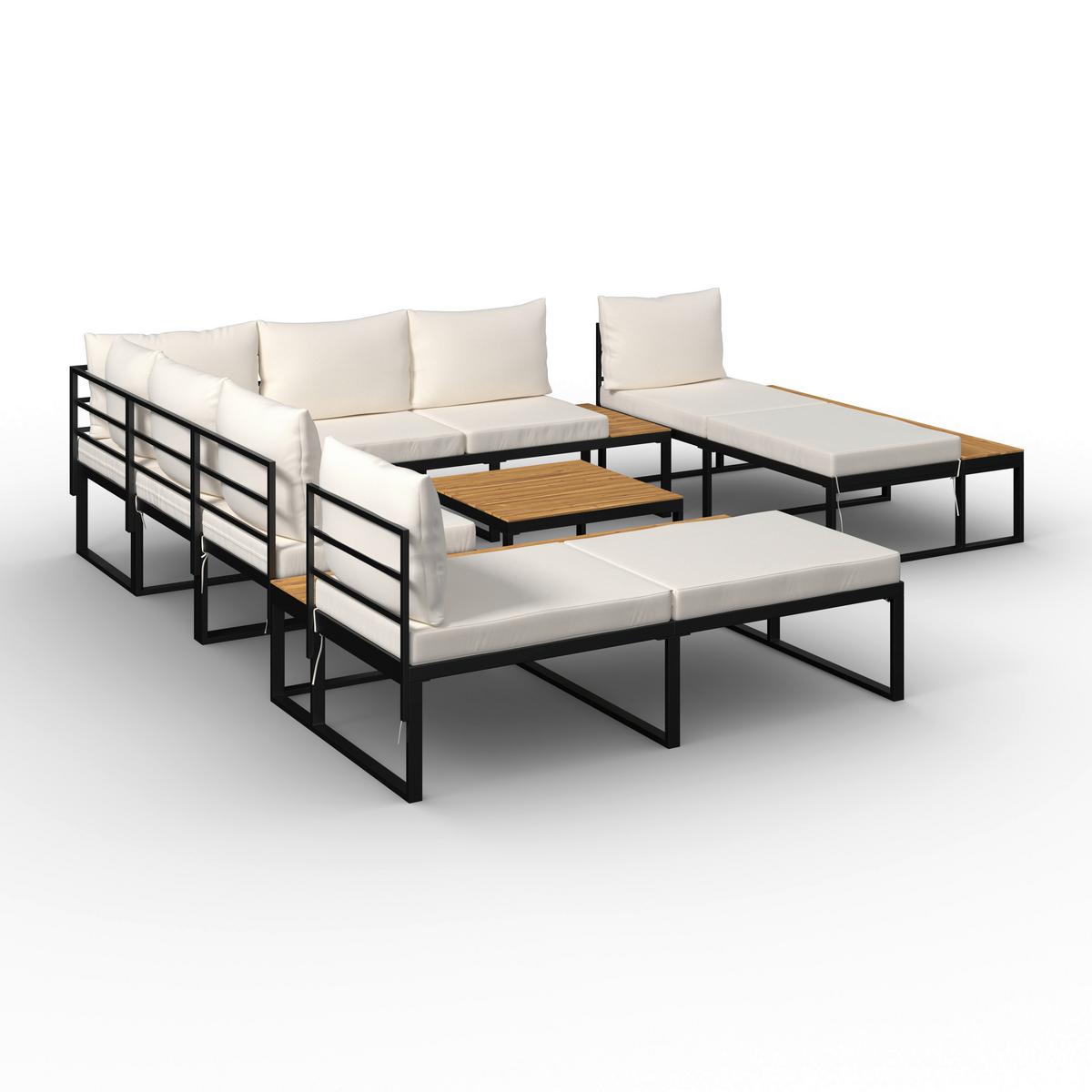 Loungegarnitur Adriano Creme Akazie/Metall/Outdoorstoff - Creme/Schwarz, MODERN, Holz/Textil - Bessagi Garden