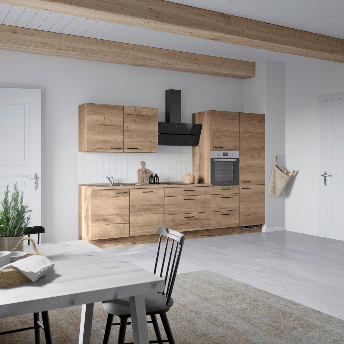 Küchenblock Structura High m. Geräten Eiche dunkel - Eiche dunkel/Schwarz, MODERN, Holzwerkstoff/Metall (330cm) - Nobilia