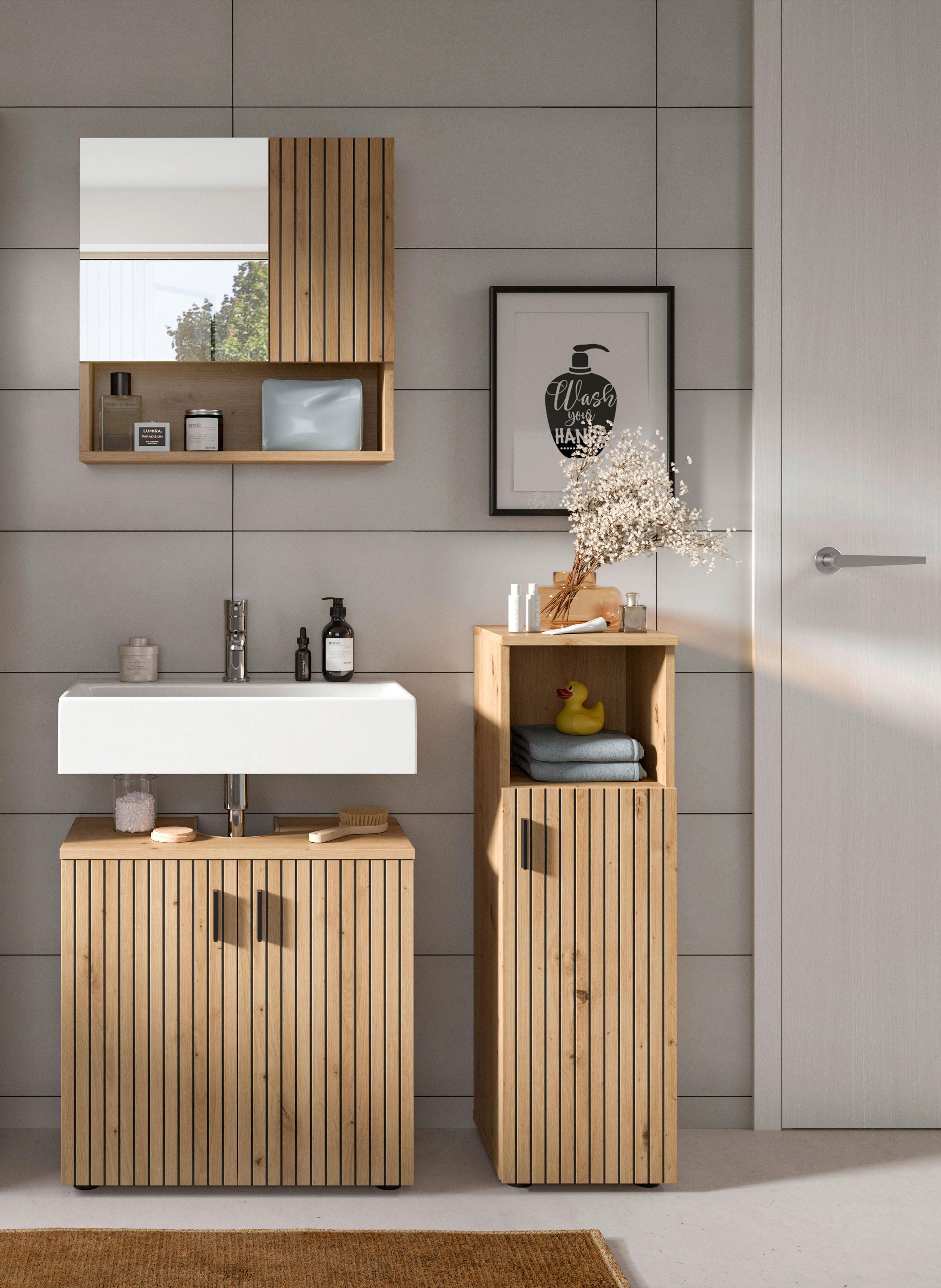 Kopalnica Mone, Barva Hratsa, 3-Delna - črna/hrast artisan, Basics, umetna masa/leseni material (90cm) - MID.YOU