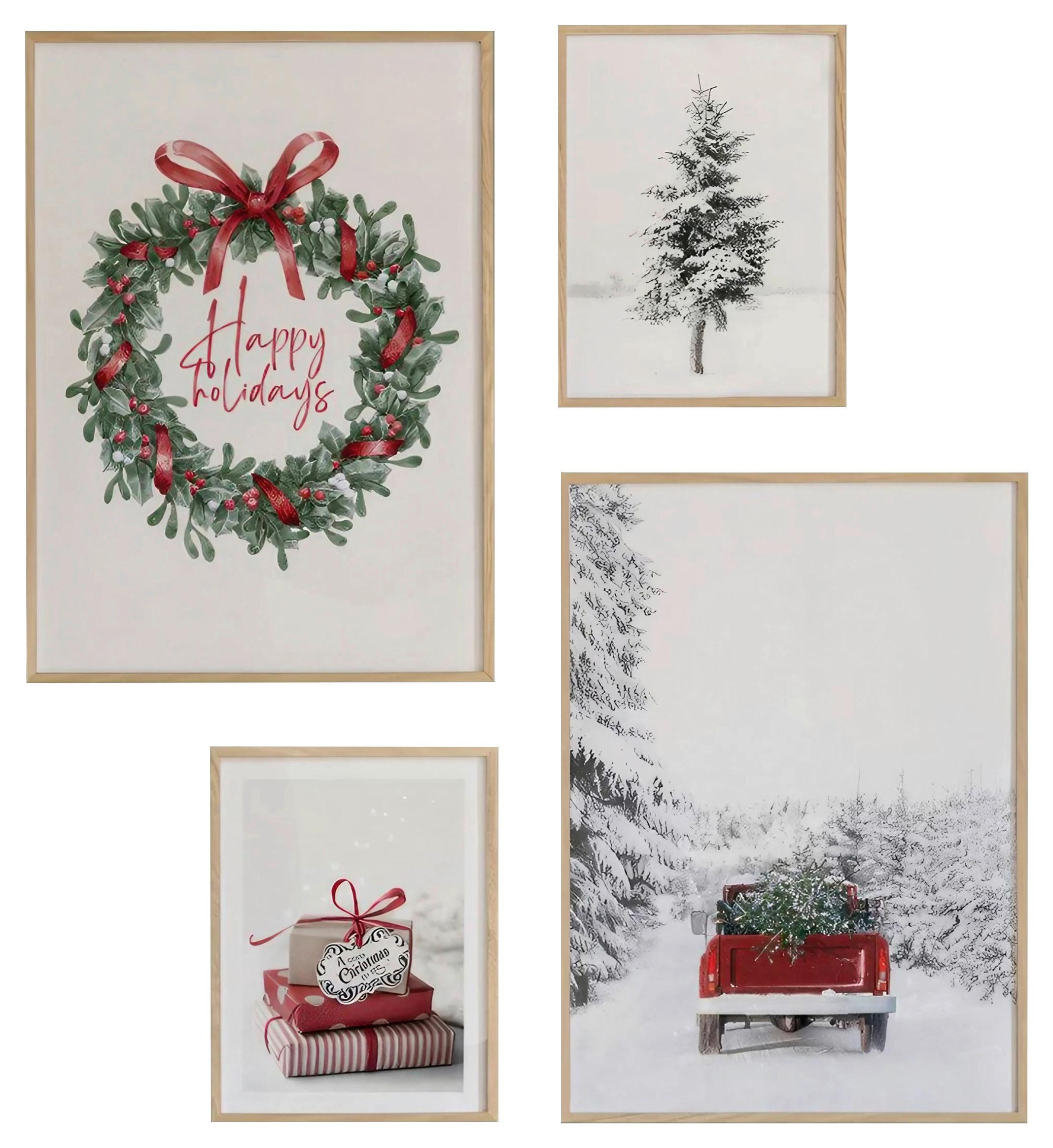 ZESTAW OBRAZÓW NWYEARMDL4 - zielony/czerwony, Basics, materiał drewnopochodny - X-Mas