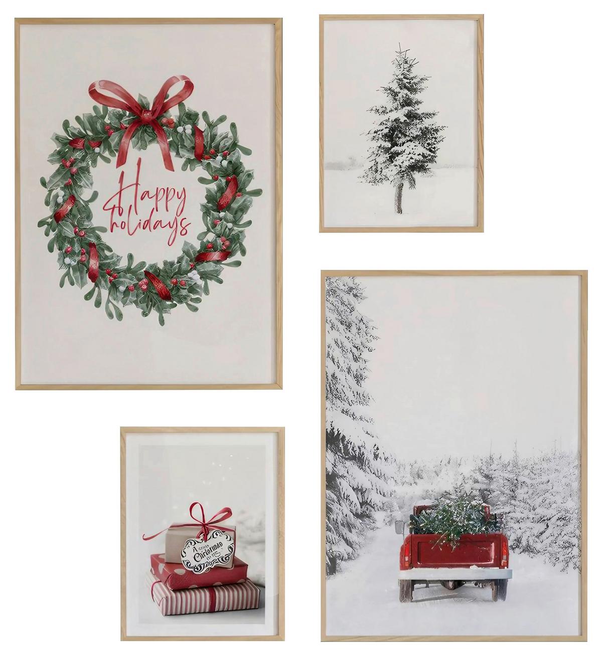 ZESTAW OBRAZÓW NWYEARMDL4 - zielony/czerwony, Basics, materiał drewnopochodny - X-Mas