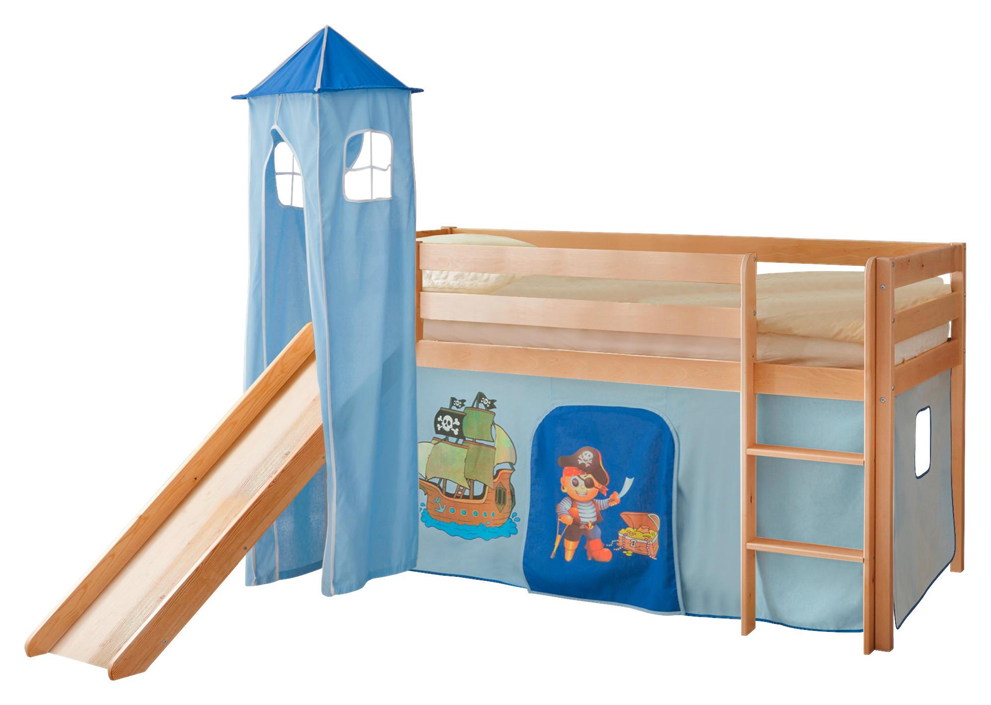 Igralna Postelja Kasper, 90x200, Modra, Tobogan, Stolp - barve bora/modra, Natur, les (90/200cm) - Livetastic