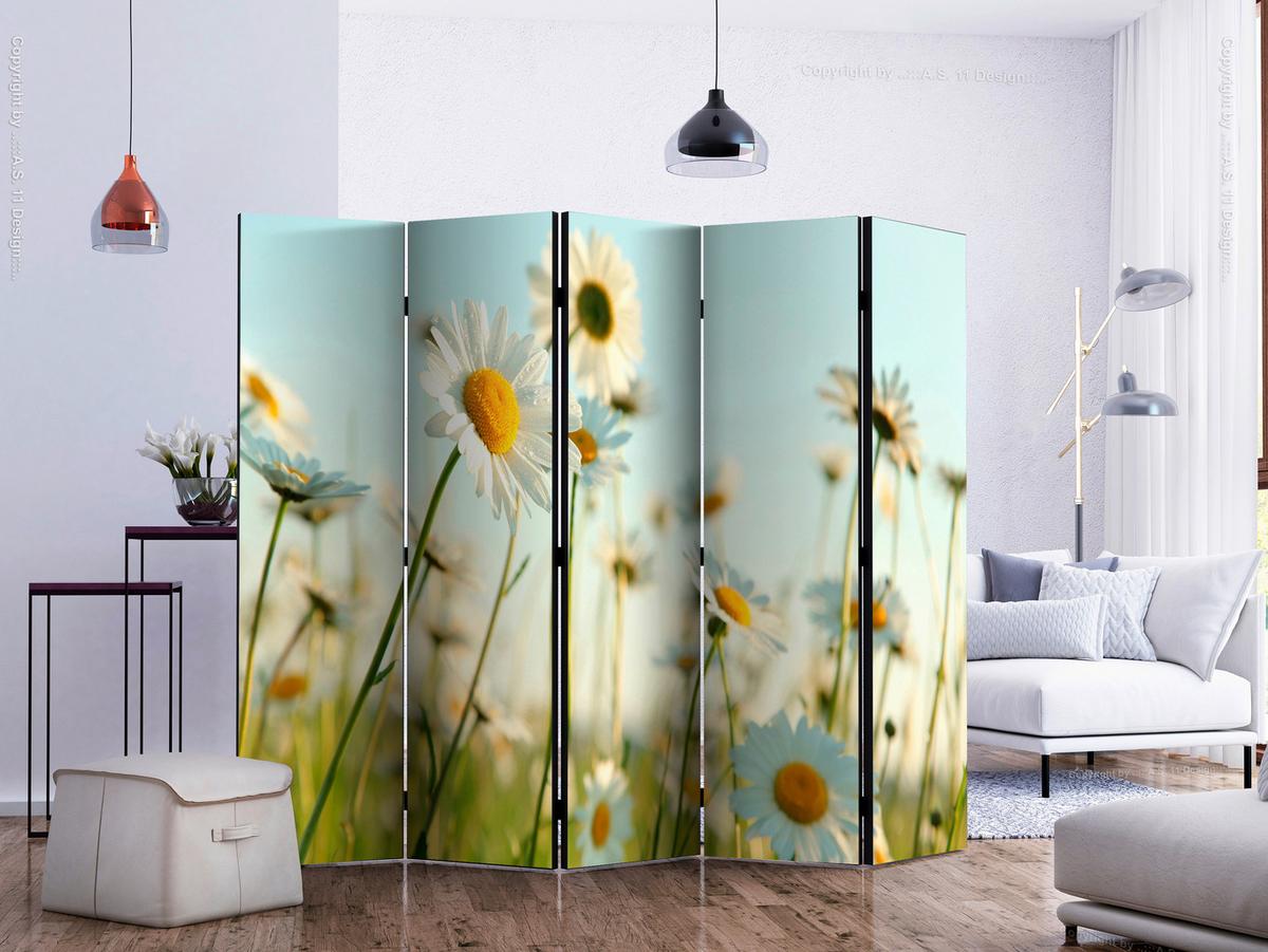 Paravan Daisies I, 5-Delni, Dvostranski - pastelno modra/zelena, Basics, tekstil/les (225/172/3cm) - artgeist