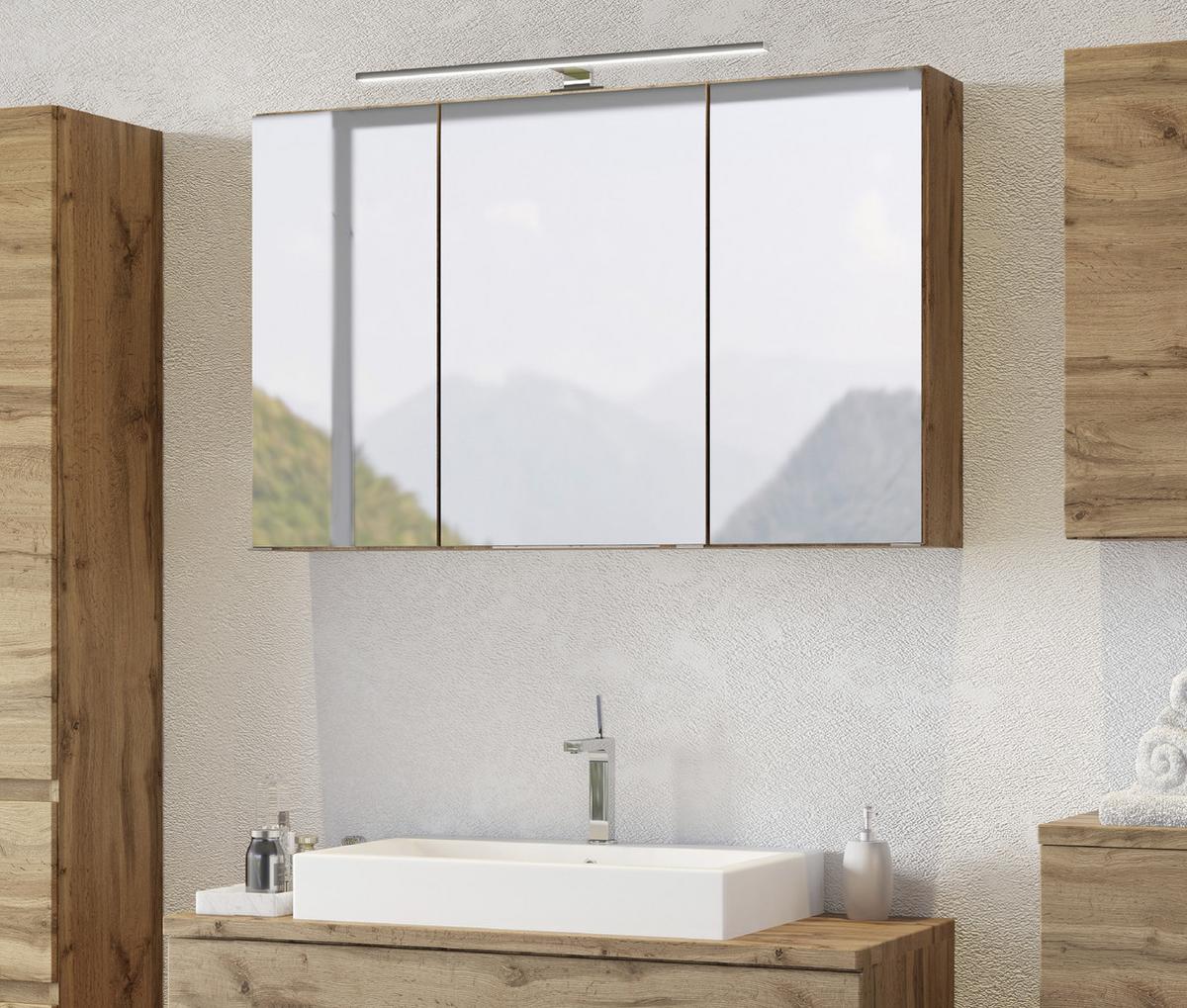 Badezimmer Pienza mit LED 3-türig ca. 100 cm Eiche Wotan - Eiche Wotan/Weiß, MODERN, Keramik/Holzwerkstoff (100cm) - Held