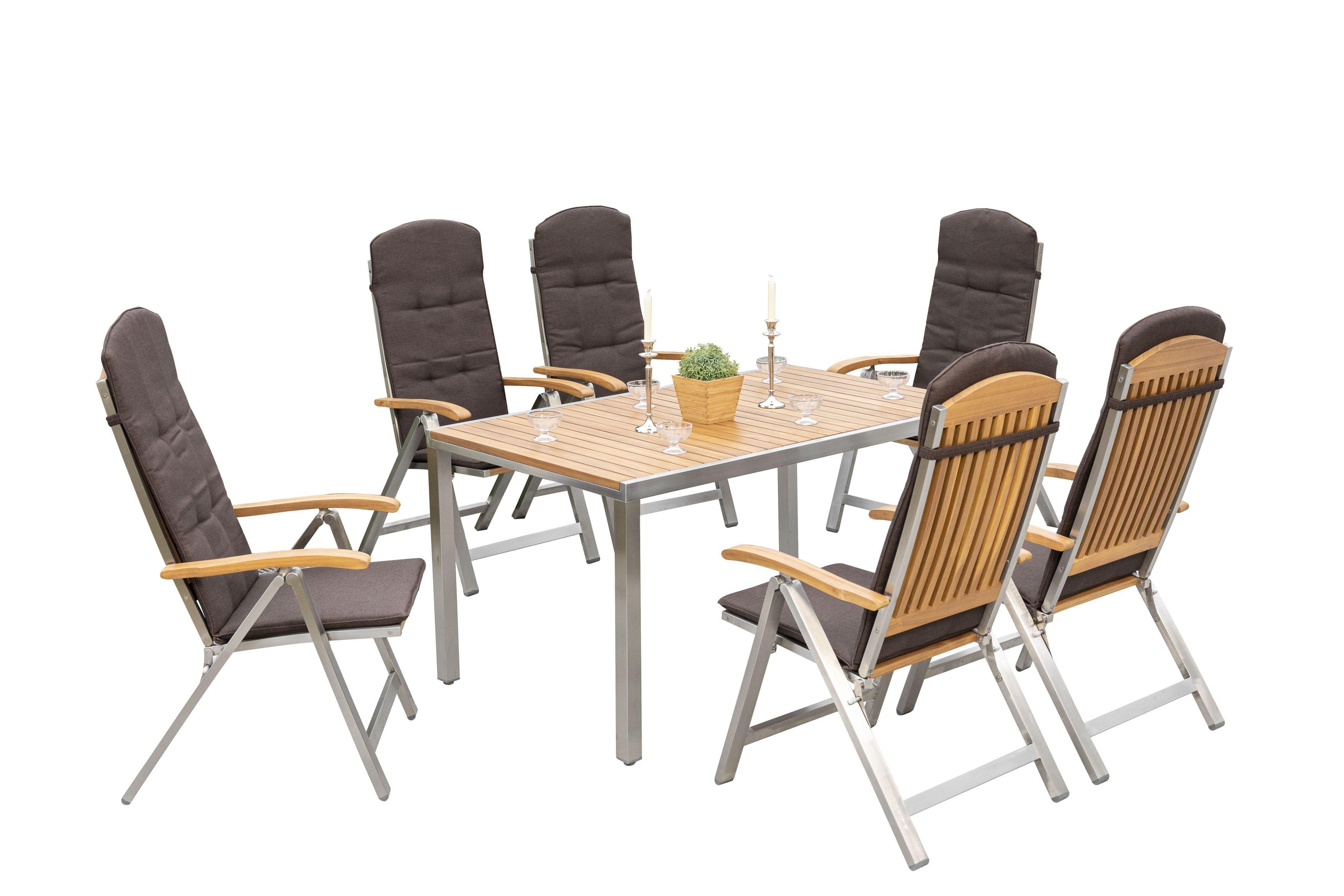 Gartengarnitur 7-tlg. Keros Holz/Metall mit Sitzkissen - Silberfarben/Braun, ROMANTIK / LANDHAUS, Holz/Textil - Gardenson