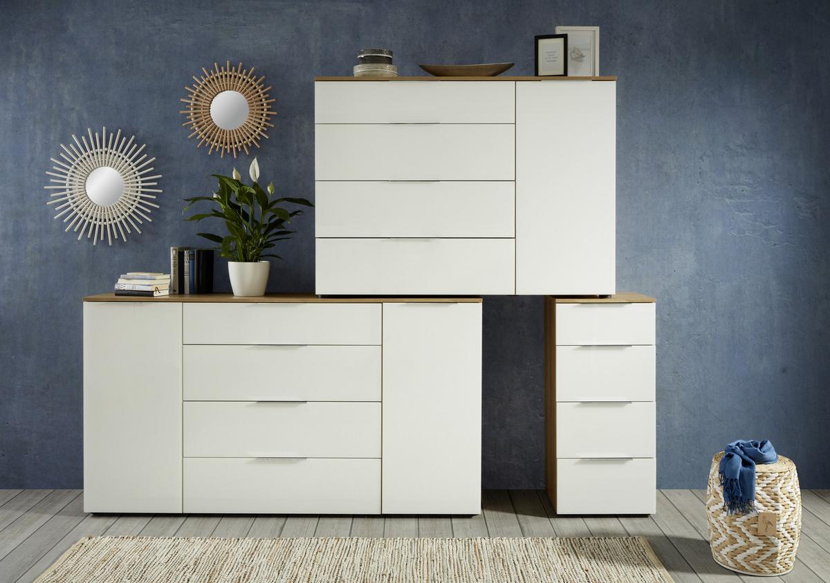Comodă Trend - alb/culoare lemn stejar, Modern, sticlă/lemn (45/100/40cm) - Premium Living