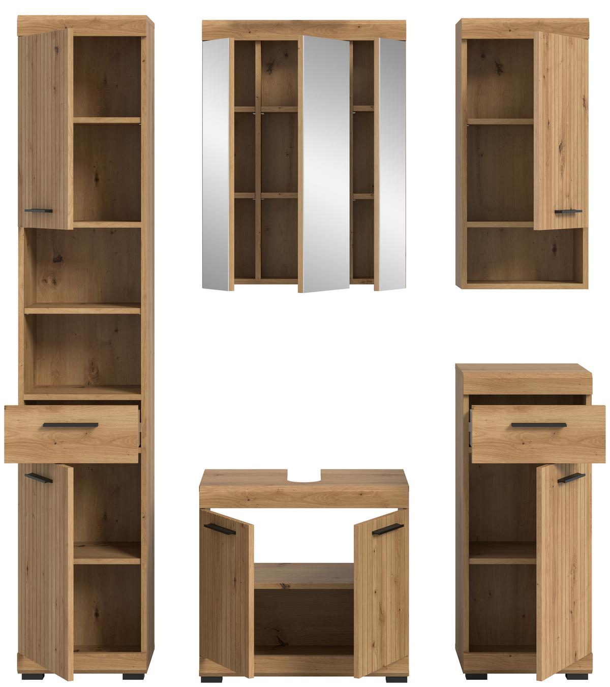Badezimmer Scout Artisan Eiche 5-teilig - Schwarz/Eiche Artisan, Trend, Glas/Holzwerkstoff (134cm) - MID.YOU