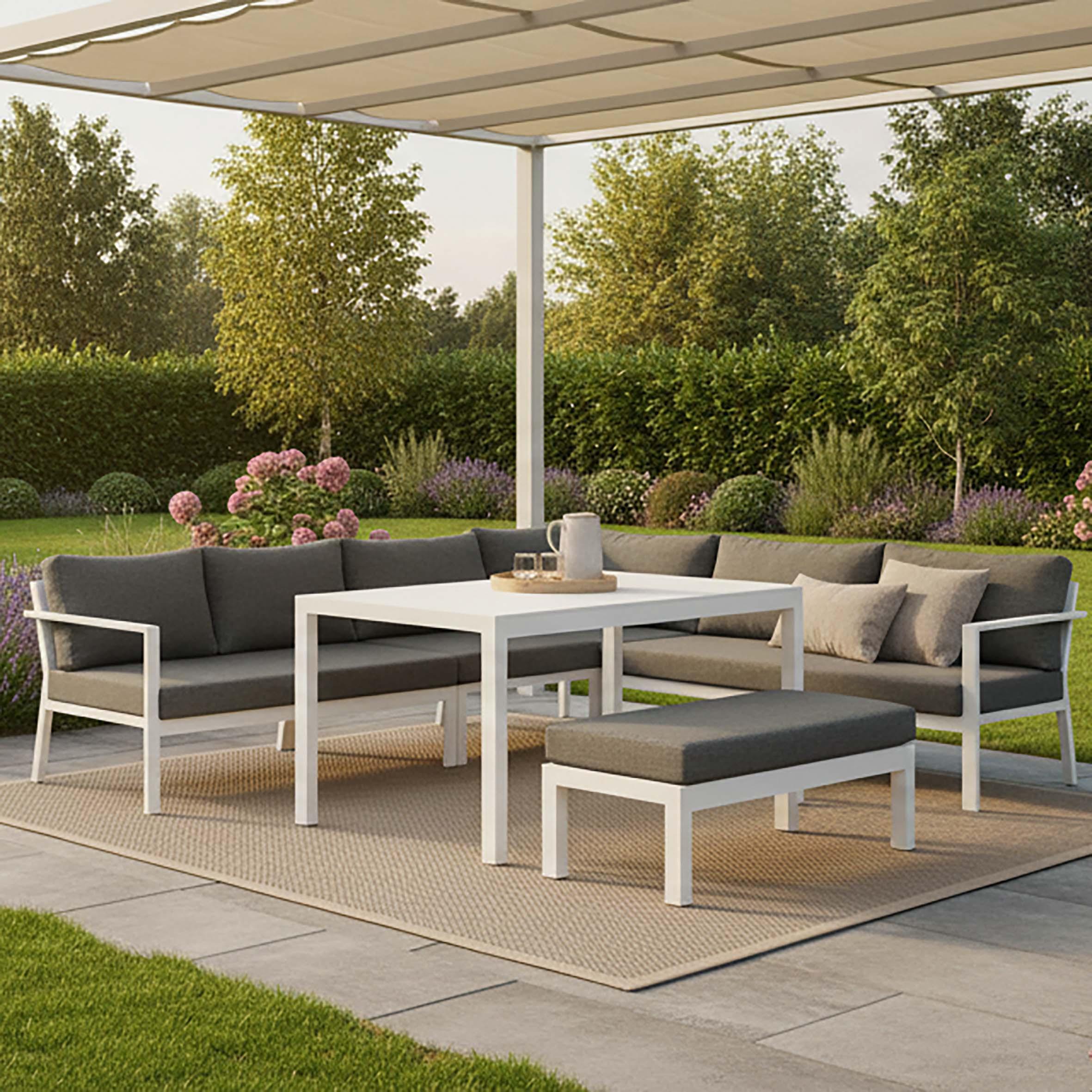 DINING-LOUNGESET RAMOS - Weiß/Grau, KONVENTIONELL, Textil/Metall - Gardenson
