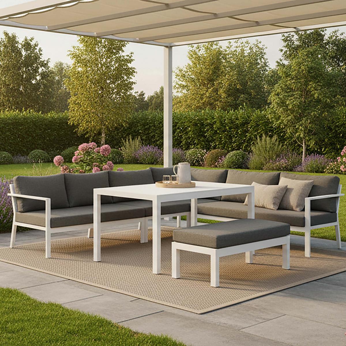 DINING-LOUNGESET RAMOS - Weiß/Grau, KONVENTIONELL, Textil/Metall - Gardenson