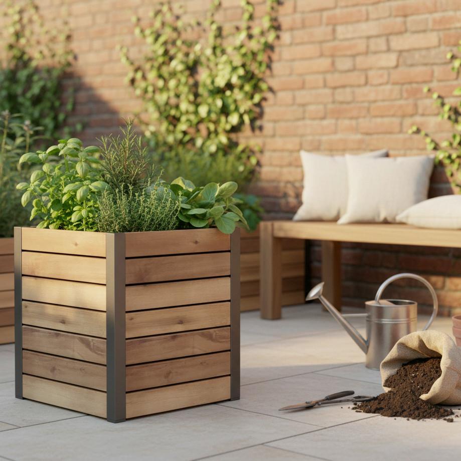 Hochbeet Marlo Echtholz massiv - Akaziefarben, MODERN, Holz/Kunststoff (32/34/32cm) - Bessagi Garden