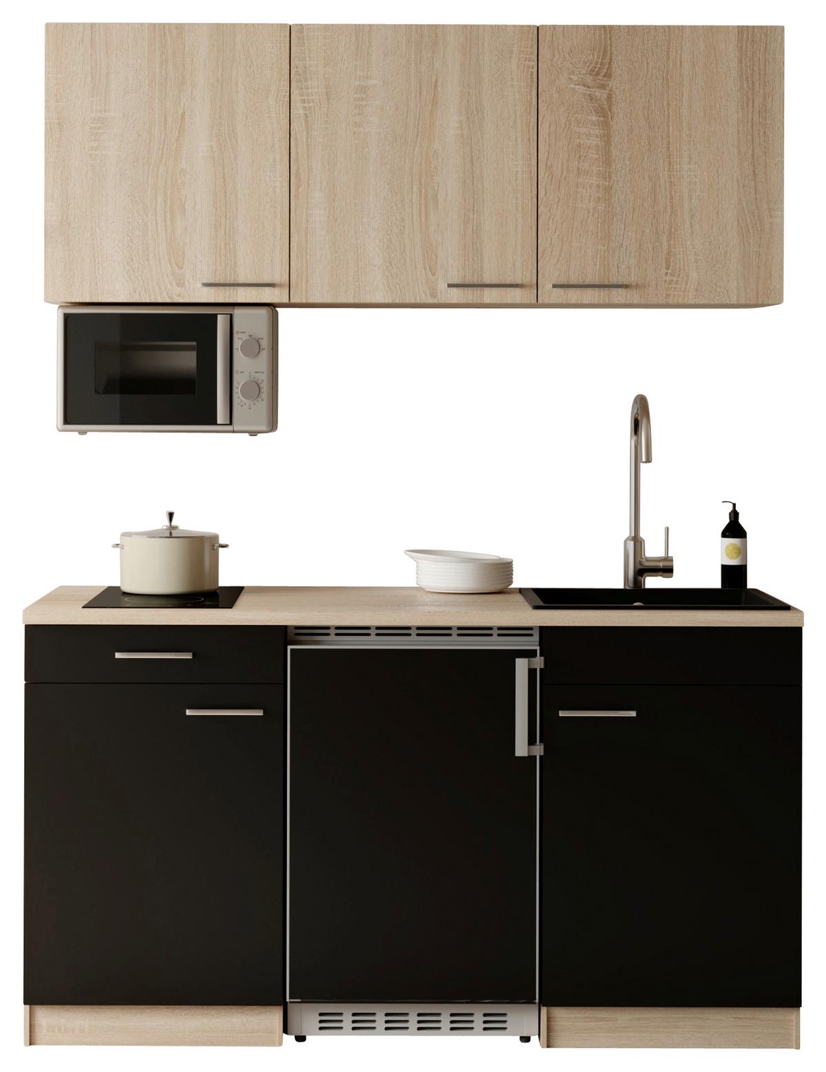 Miniküche Ingrid m. Geräten ca. 150cm Schwarz - Eichefarben/Schwarz, Design, Holzwerkstoff/Kunststoff (150cm) - Respekta