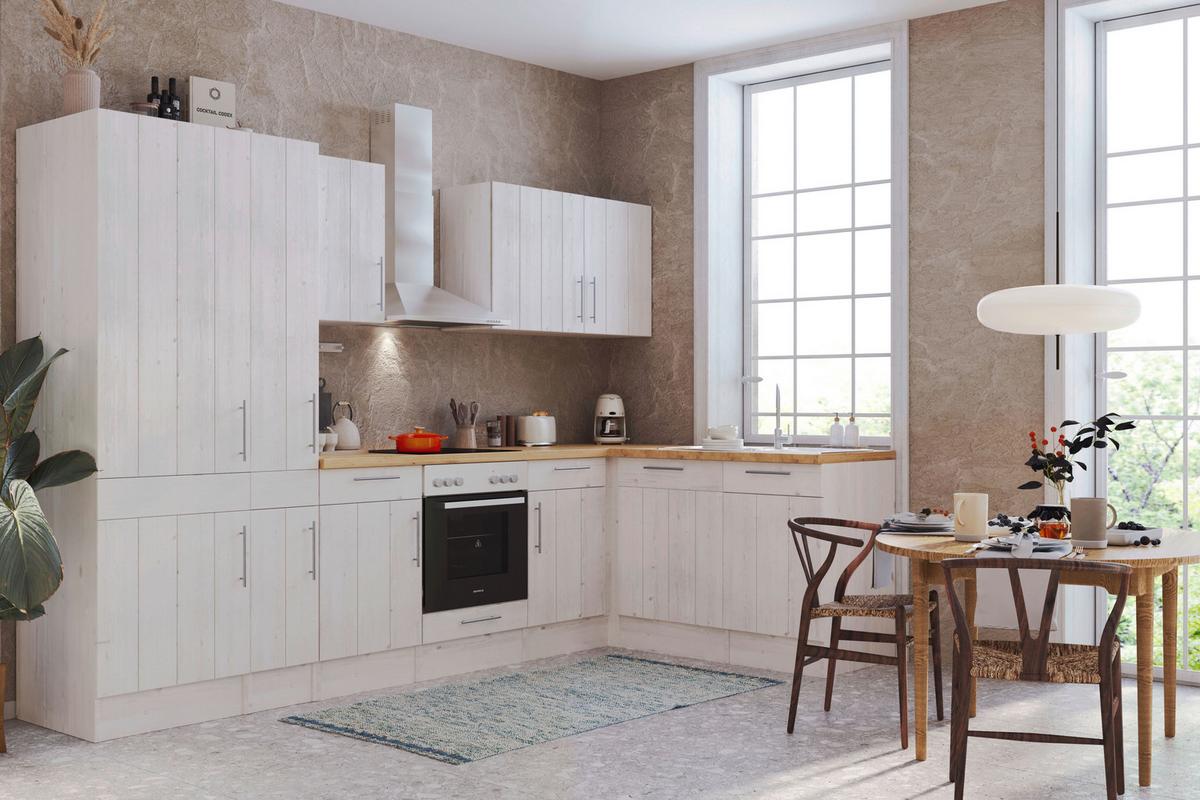Eckküche Premium Lärche Weiß ca. 310x172 cm - Eichefarben/Weiß, ROMANTIK / LANDHAUS, Holzwerkstoff/Metall (310/172cm) - Respekta