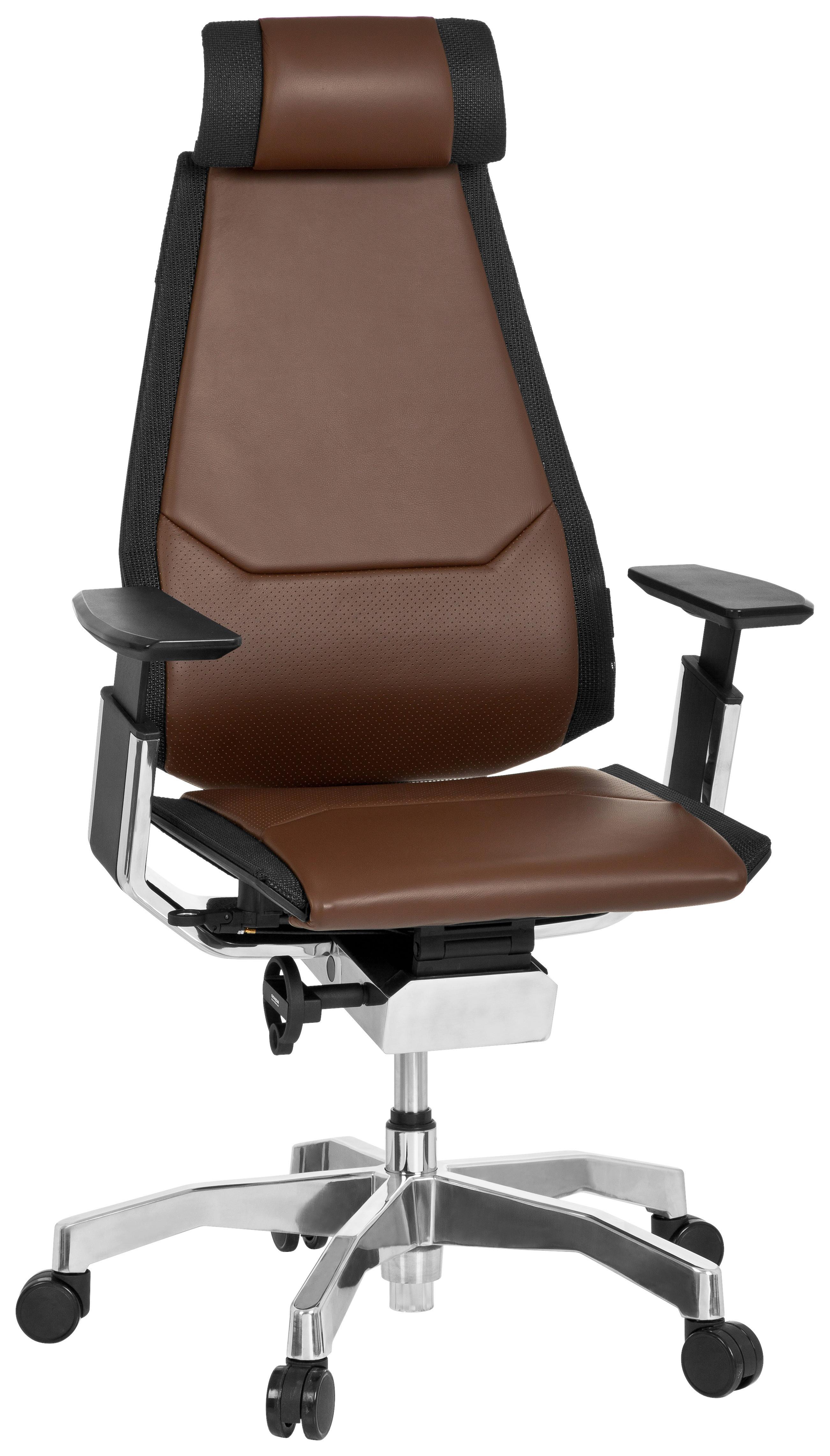 Pisarniški Stol Genidia Pro, Rjava, Črna, Pravo Usnje - črna/barve aluminija, Moderno, kovina/umetna masa (57/119/46cm) - MID.YOU