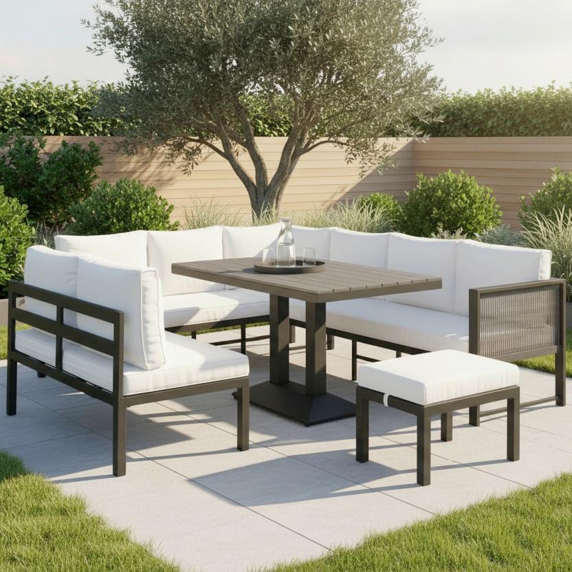 DiningLoungeset Pergolina Weiß Metall/Outdoorstoff - Schwarz/Weiß, MODERN, Kunststoff/Textil (194/245cm) - Bessagi Garden