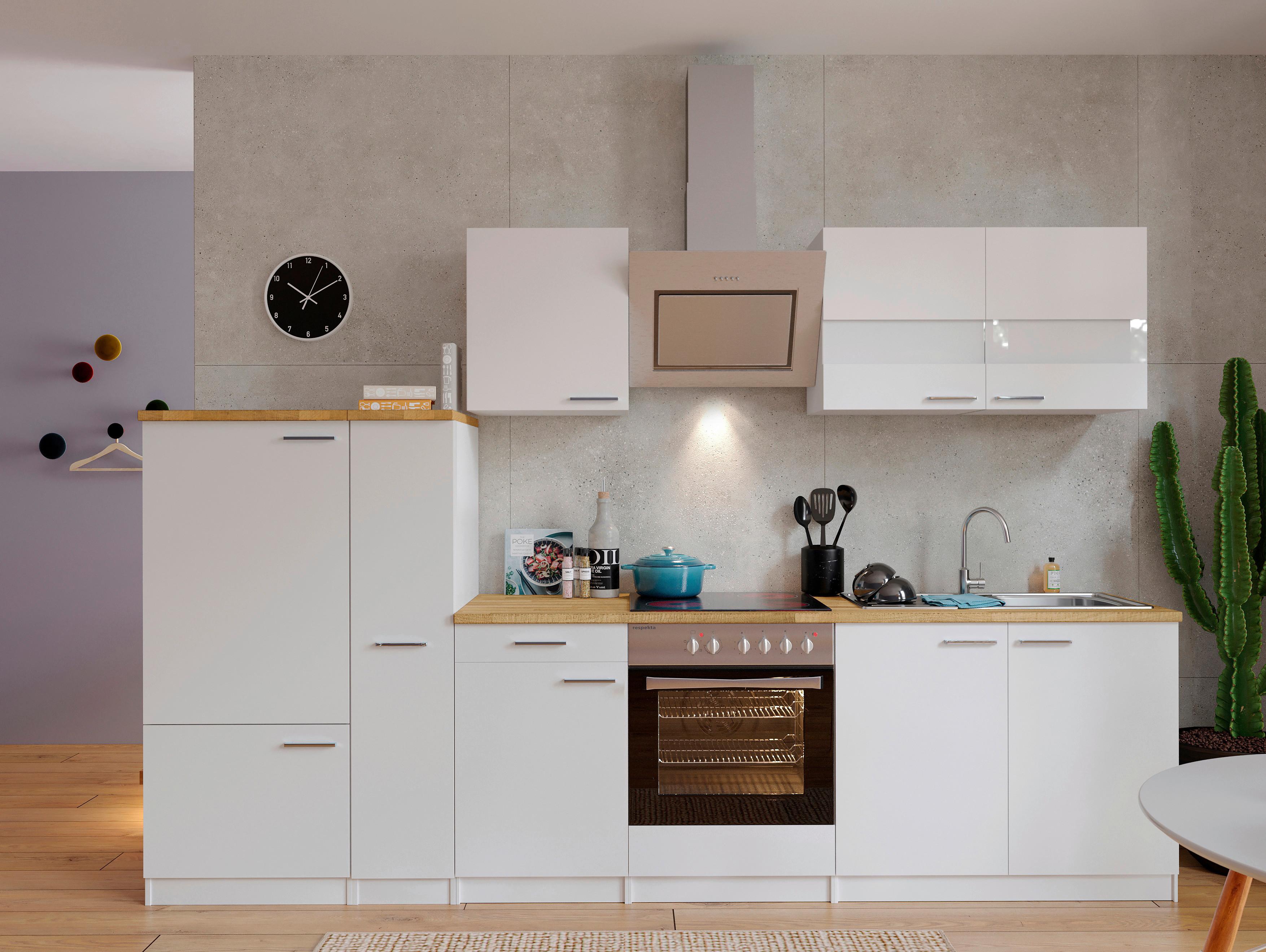 Küchenzeile Economy m. Geräten Weiß/Nussbaum B: ca. 300 cm - Edelstahlfarben/Nussbaumfarben, Basics, Holzwerkstoff/Metall (300cm) - Respekta