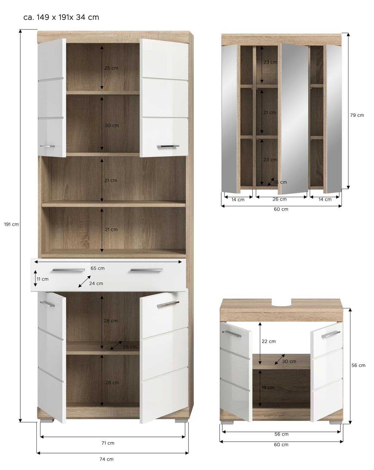 Badezimmer Lambada 3-tlg. ca. 134 cm Eiche/Weiß - Chromfarben/Weiß Hochglanz, Basics, Holzwerkstoff/Kunststoff (134cm) - MID.YOU