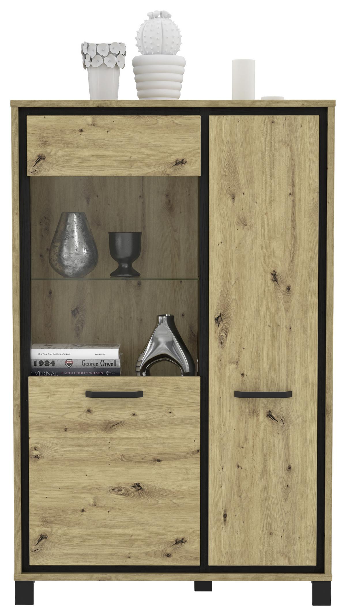 Highboard "Trondheim" , Schwarz, Eiche - Eichefarben/Schwarz, Basics, Glas/Holzwerkstoff (101.4/161/41.5cm) - Livetastic