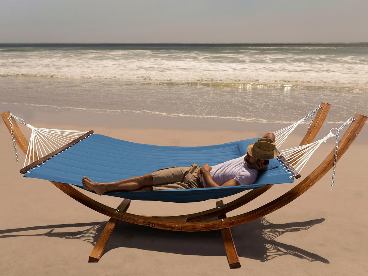 Hängematte Hawaii Holz/Blau - Blau/Lärchefarben, Basics, Holz/Textil (320/120/130cm) - Ambia Garden