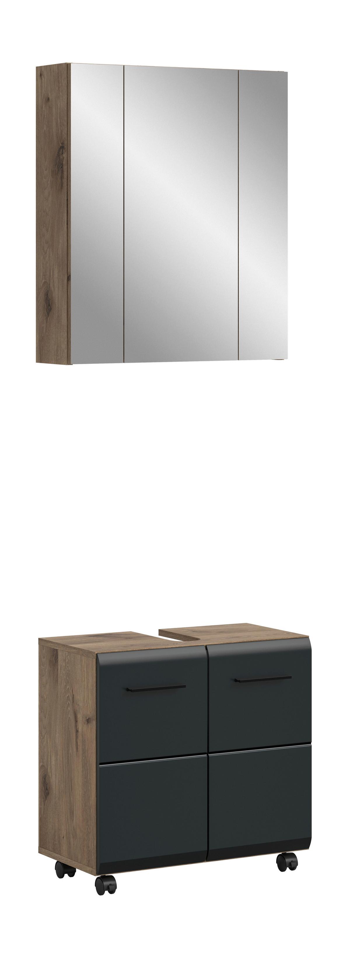 Badezimmer Ice Schwarz/Eiche dunkel 2-teilig - Eiche dunkel/Schwarz, Trend, Glas/Holzwerkstoff (60cm) - MID.YOU