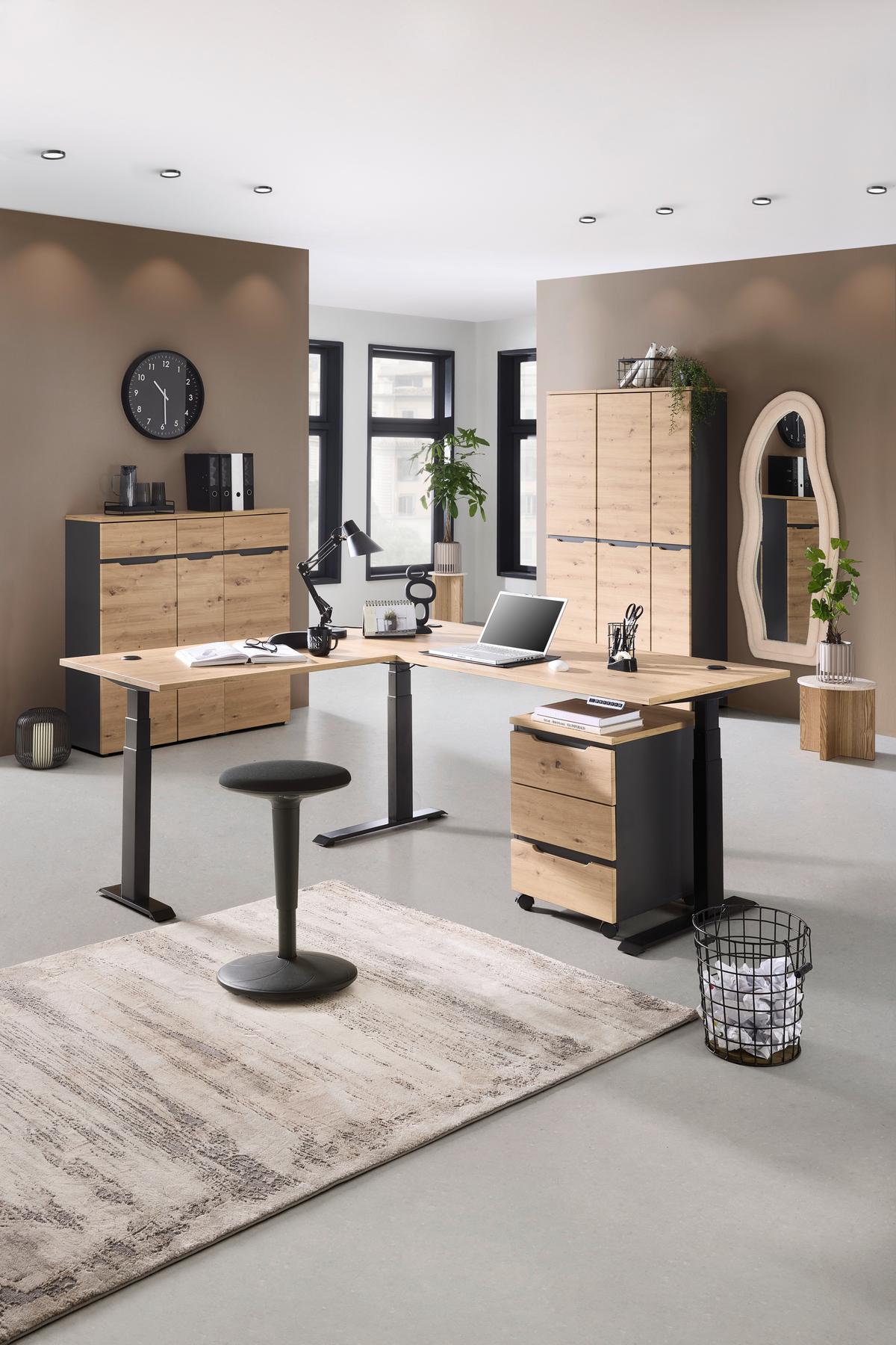 Eckschreibtisch Memphis In Eiche Artisan/graphitfarben - Graphitfarben/Eiche Artisan, Modern, Holzwerkstoff/Metall (185/77/64-129cm) - Premium Living