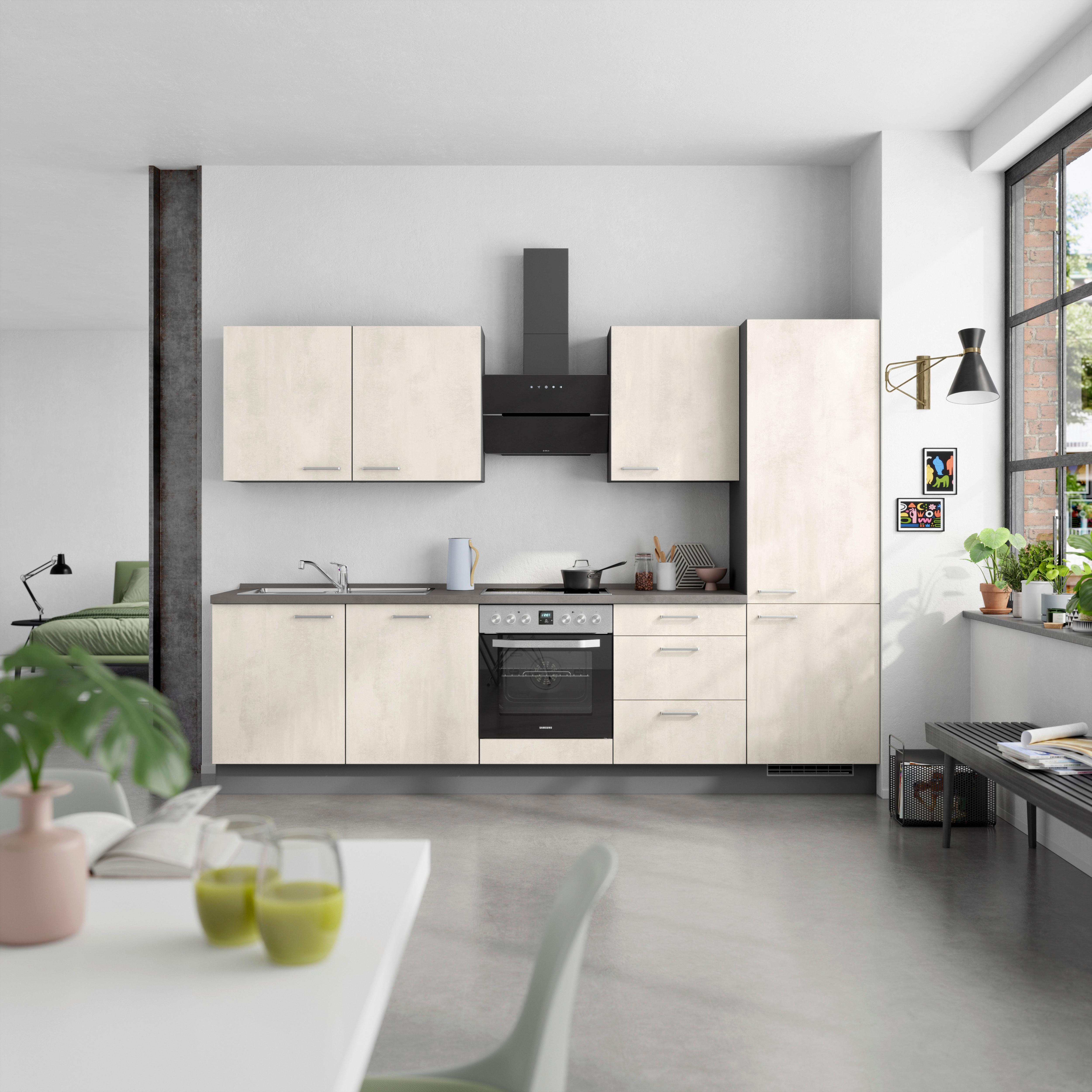 Küchenblock Riva High m. Geräten Weiß - Schieferfarben/Edelstahlfarben, MODERN, Holzwerkstoff/Metall (300cm) - Nobilia