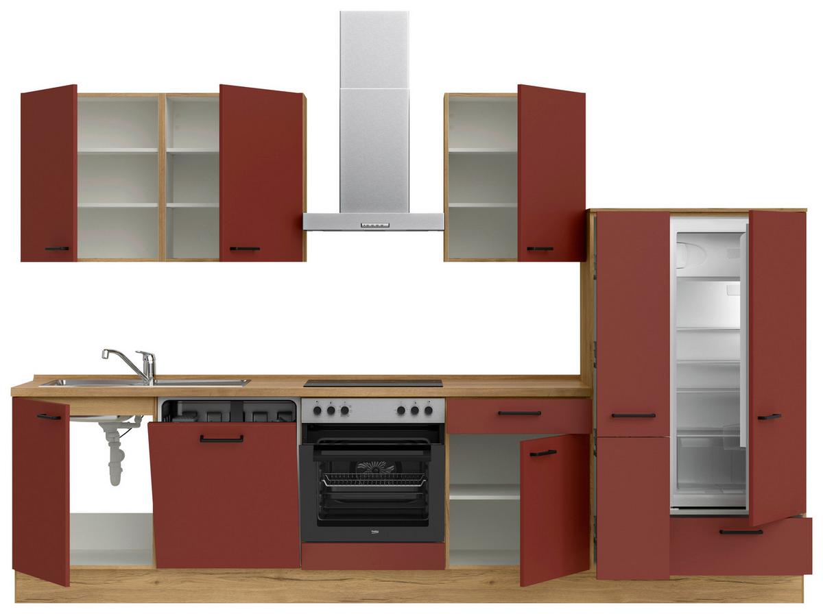 Küchenblock Easytouch Low m. Geräten Dunkelrot - Eichefarben/Schwarz, MODERN, Holzwerkstoff/Metall (330cm) - Nobilia